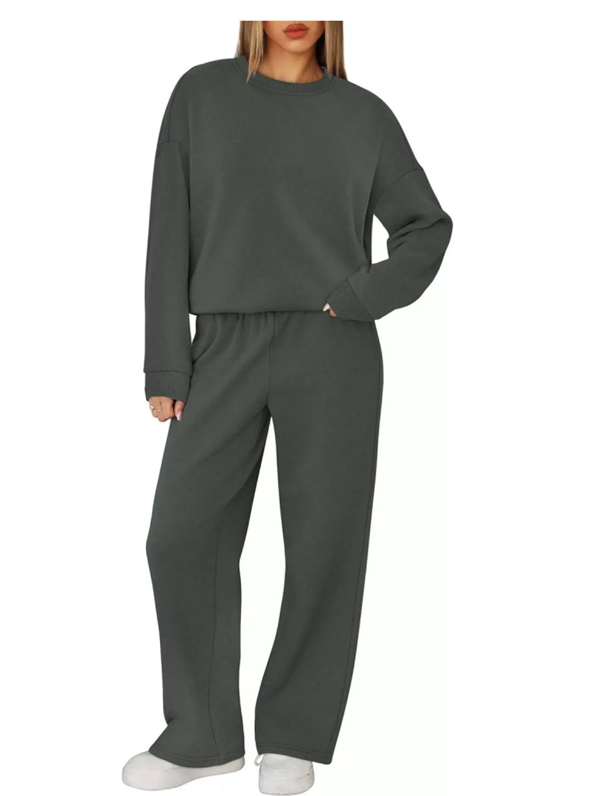 Crewneck Drop Shoulder Sweatshirt and Wide-Leg Pants Set — front view