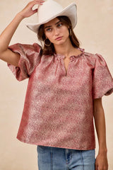 Trendsi BiBi Jacquard Woven Short Balloon Sleeves V Neck Top -