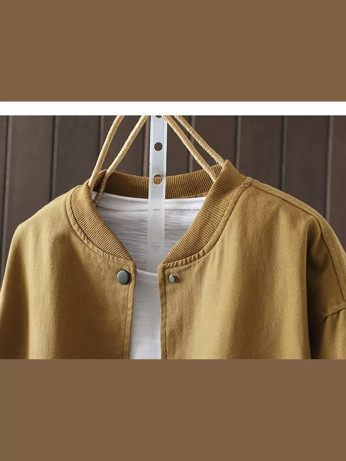 Tan snap front dropped shoulder jacket, detail view