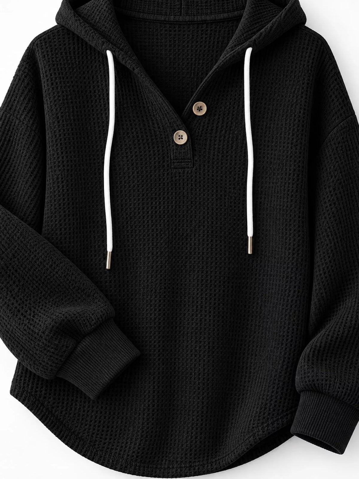 Waffle-knit hoodie, black flat lay