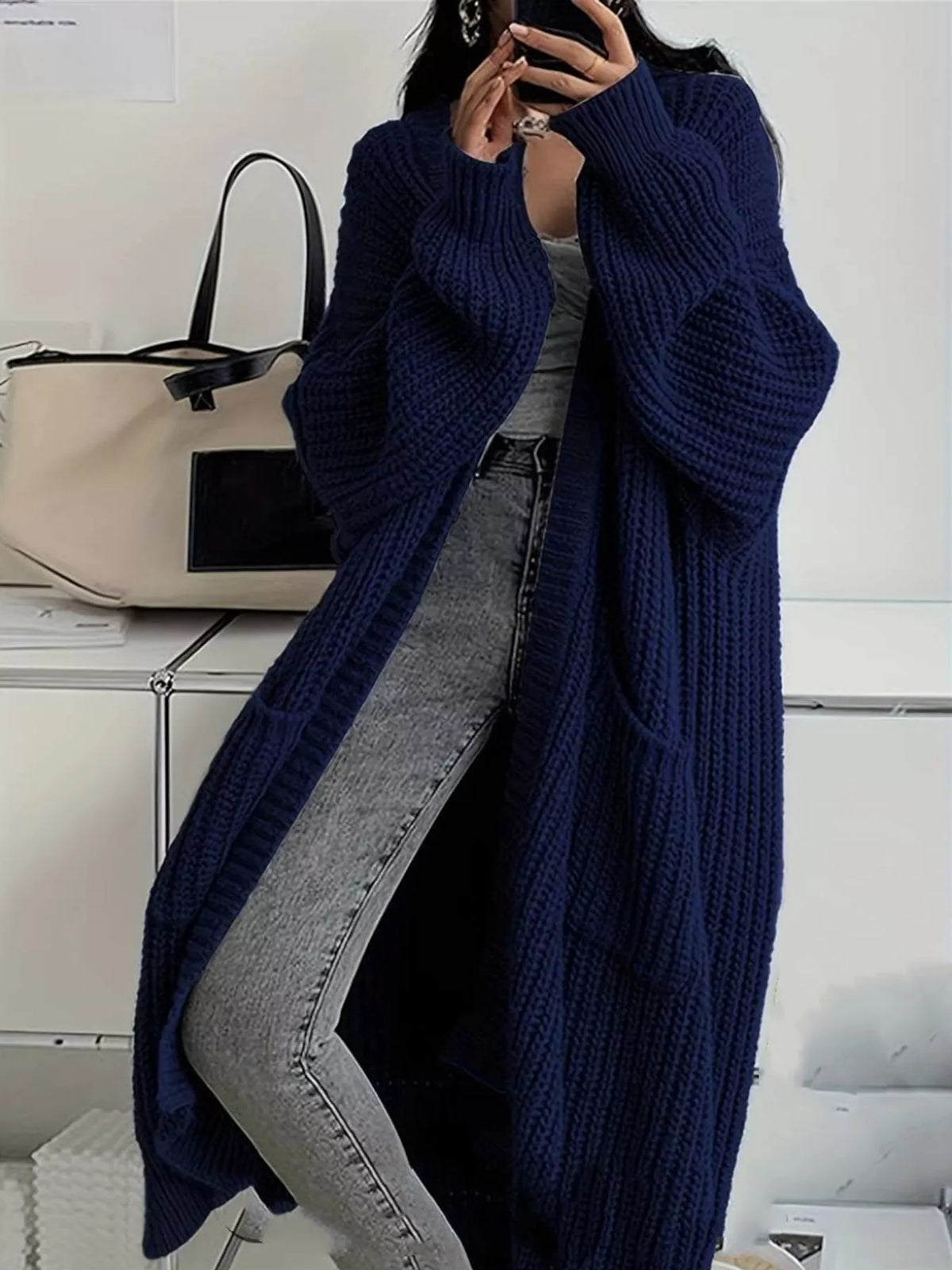 Longline knit cardigan, navy front