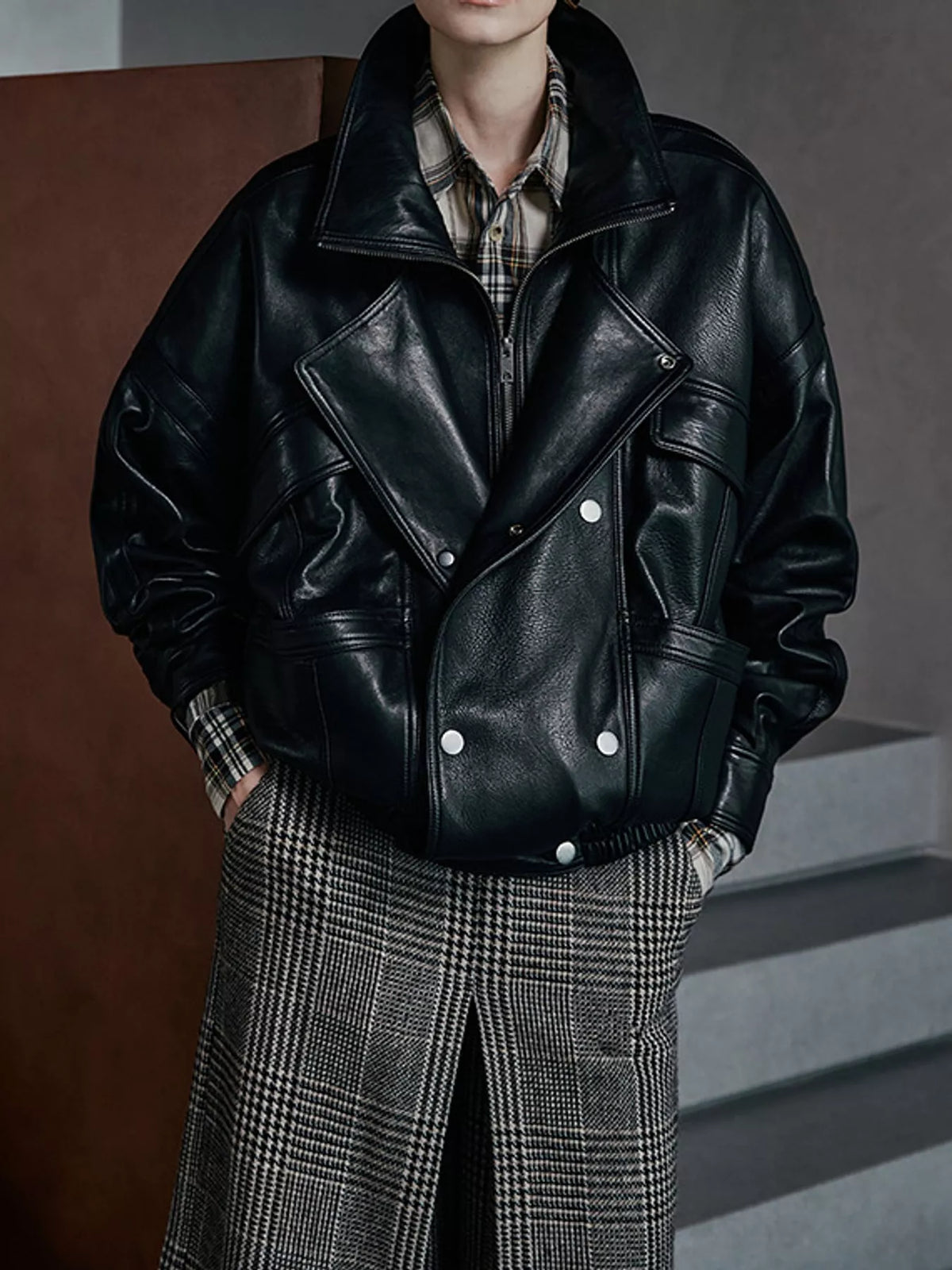 Snap Down Leather Jacket in black, front view