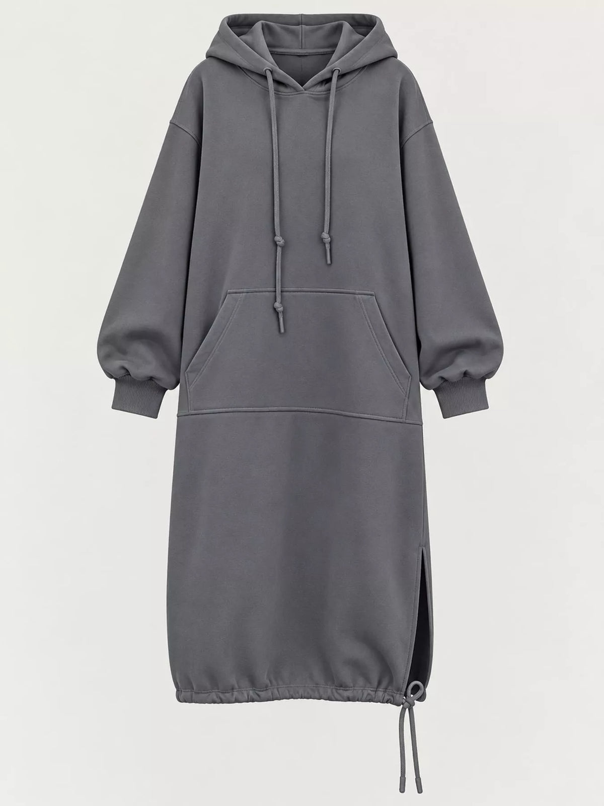 Gray hooded sweatshirt midi dress with drawstring hem, front view