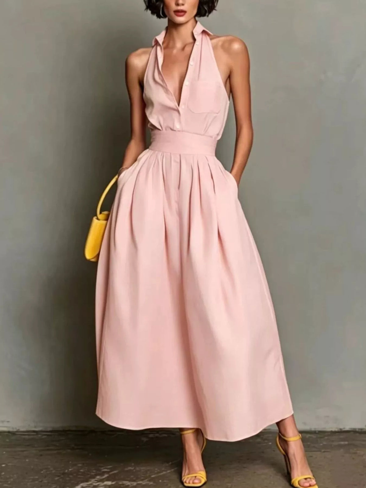 Pink halter-collar A-line midi dress, full front view