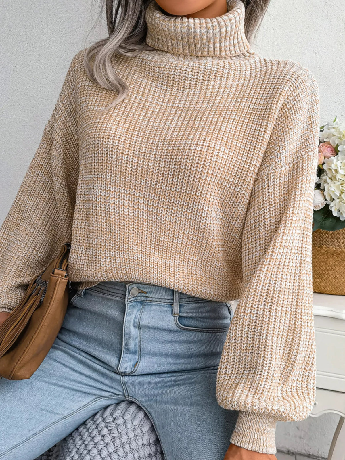 Turtleneck Dropped Shoulder Sweater in beige, back view
