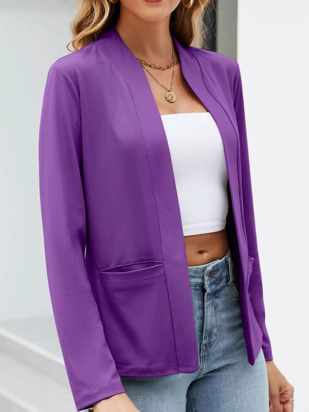 Mandarin neck long sleeve blazer, front view on model