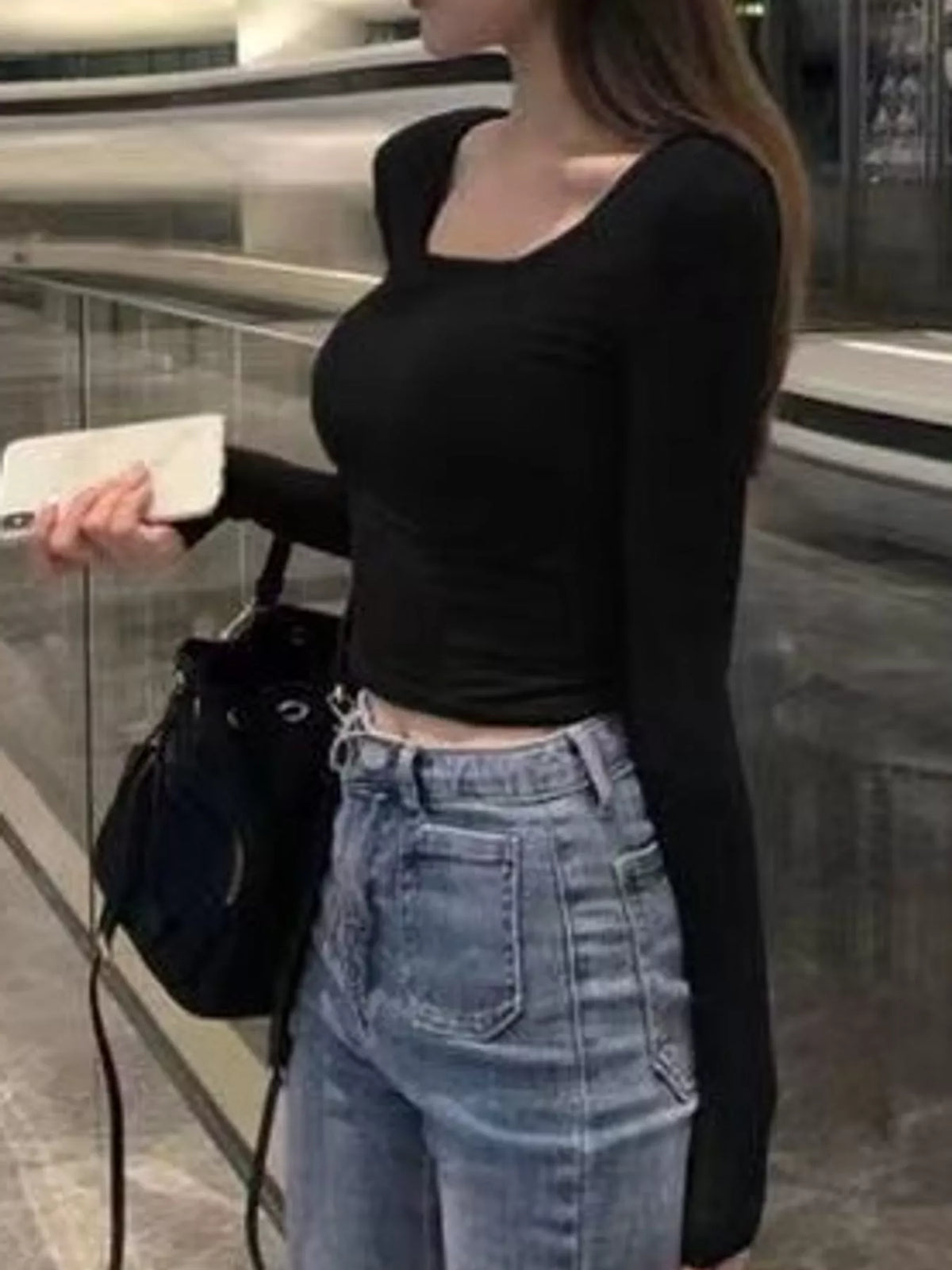 Black u-neck cropped t-shirt, side view