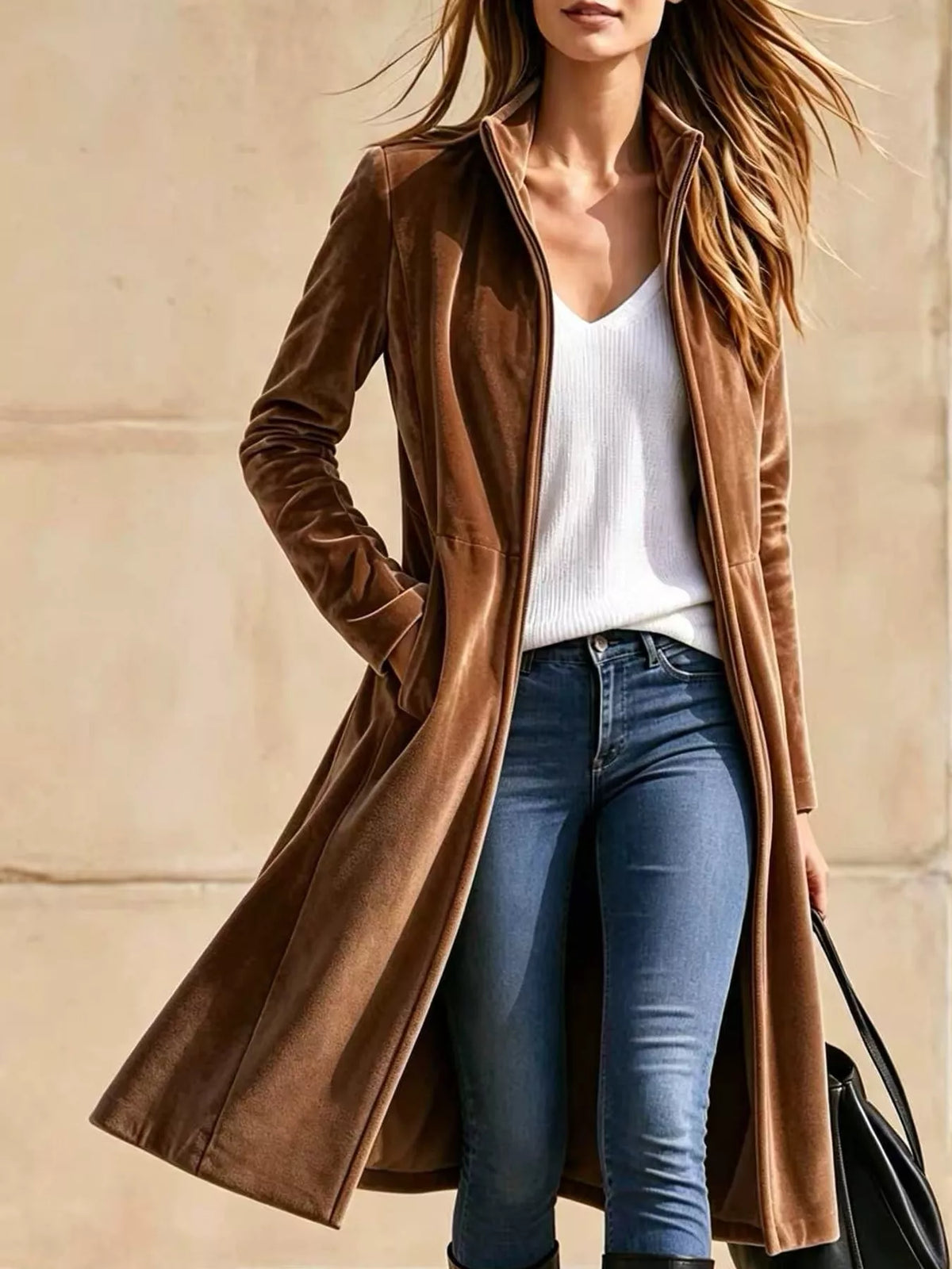 Brown velvet zip-up longline jacket