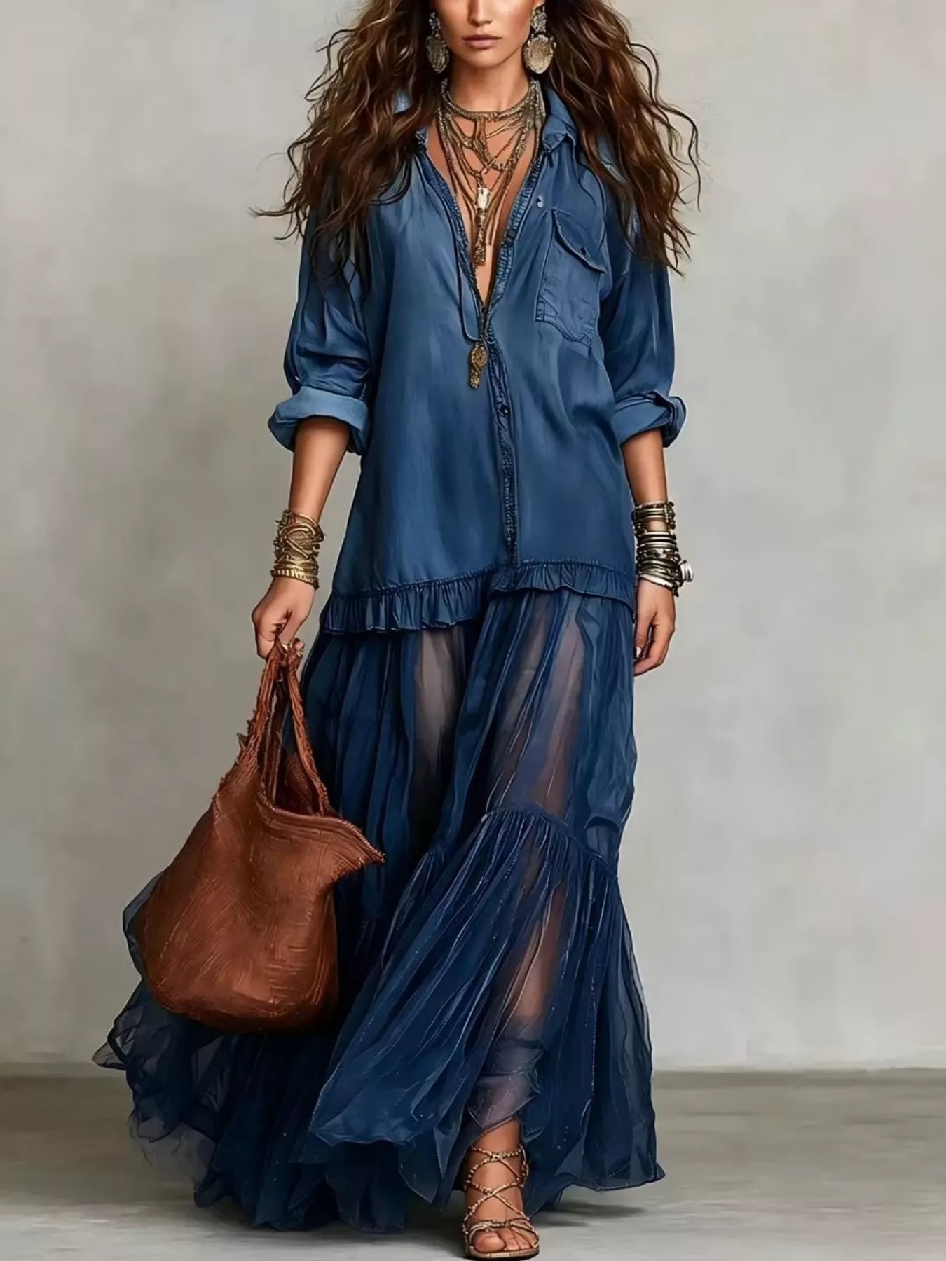 Trendsi Full Size Tiered Long Sleeve Denim Shirt Maxi Dress Plus Size -