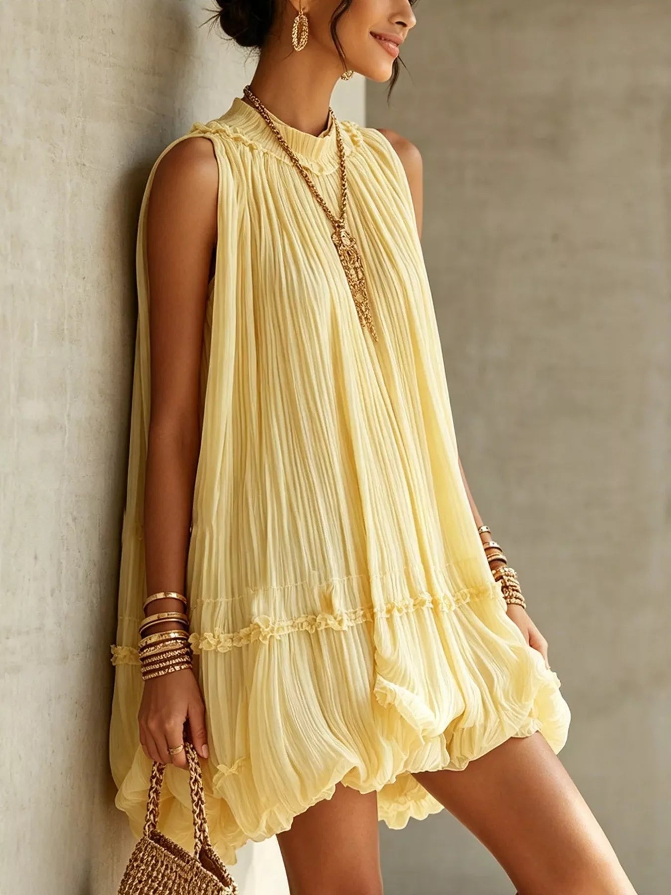 Trendsi Pleated Mock Neck Sleeveless Mini Dress -