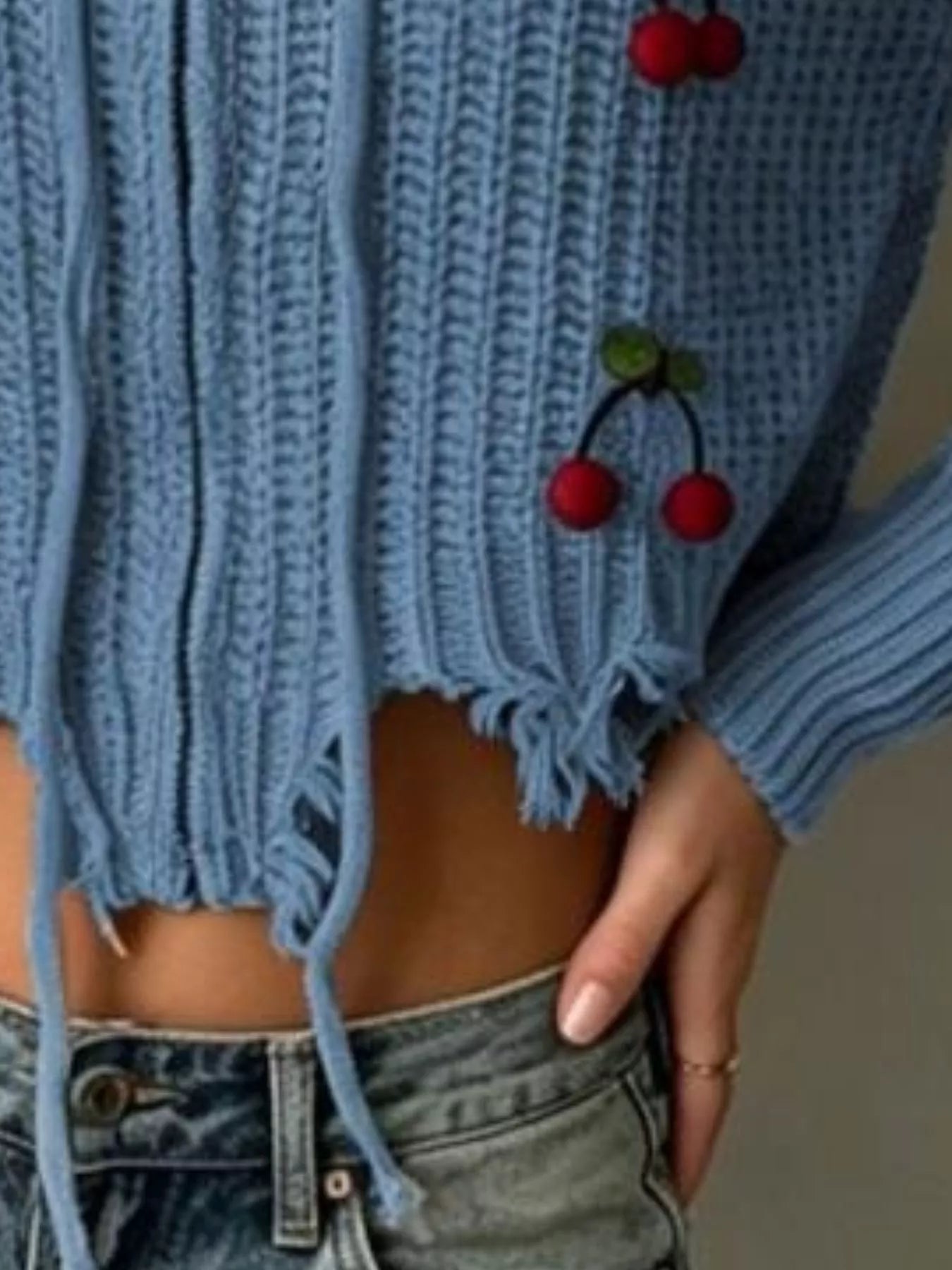 Trendsi Cherry Knit Zip-Up Hooded Sweater -