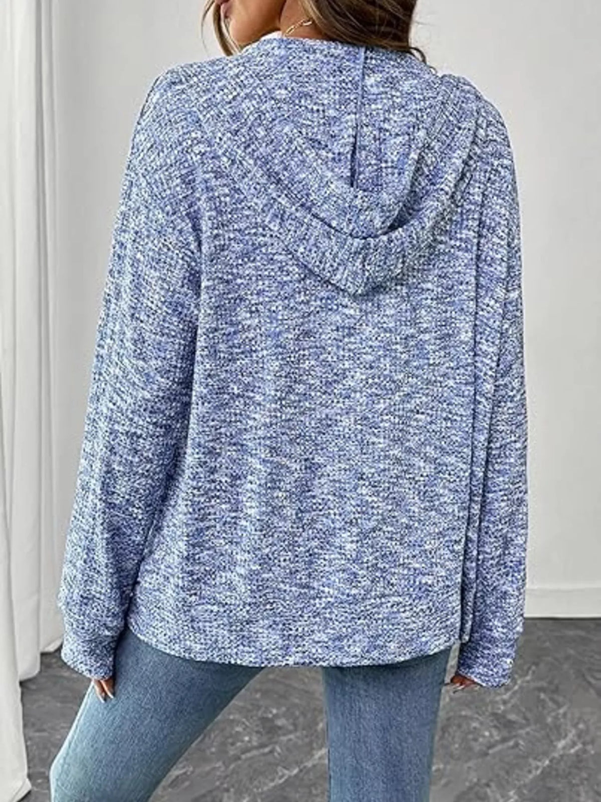 Blue zip-up drawstring hooded cardigan, back view