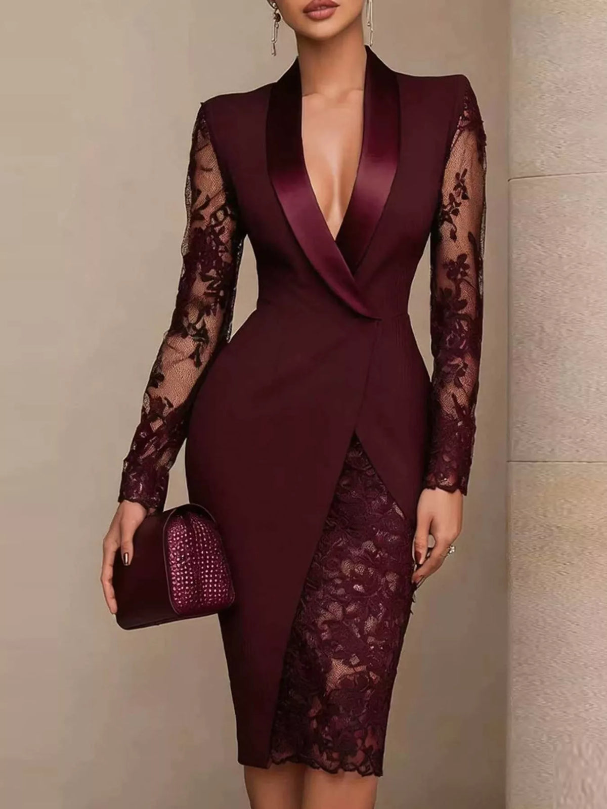 Lace-Sleeve Blazer Dress in burgundy, front view