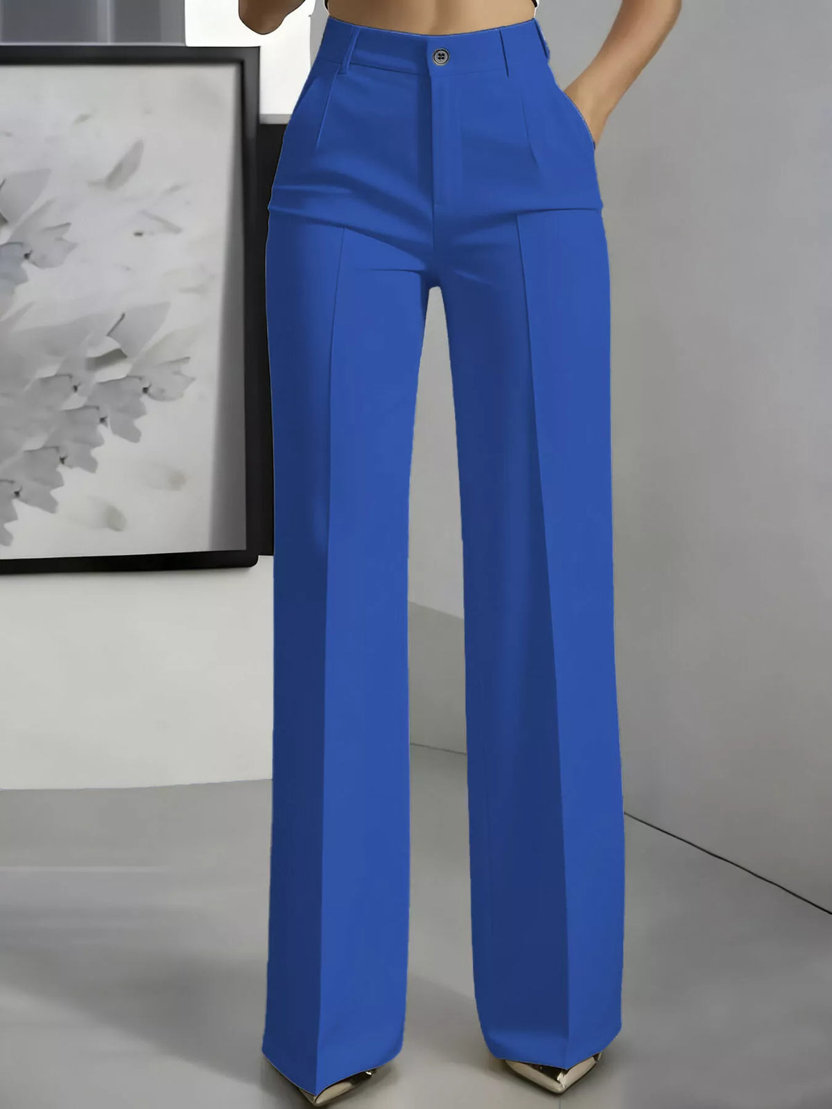 Royal blue high-waisted wide-leg pants, front view