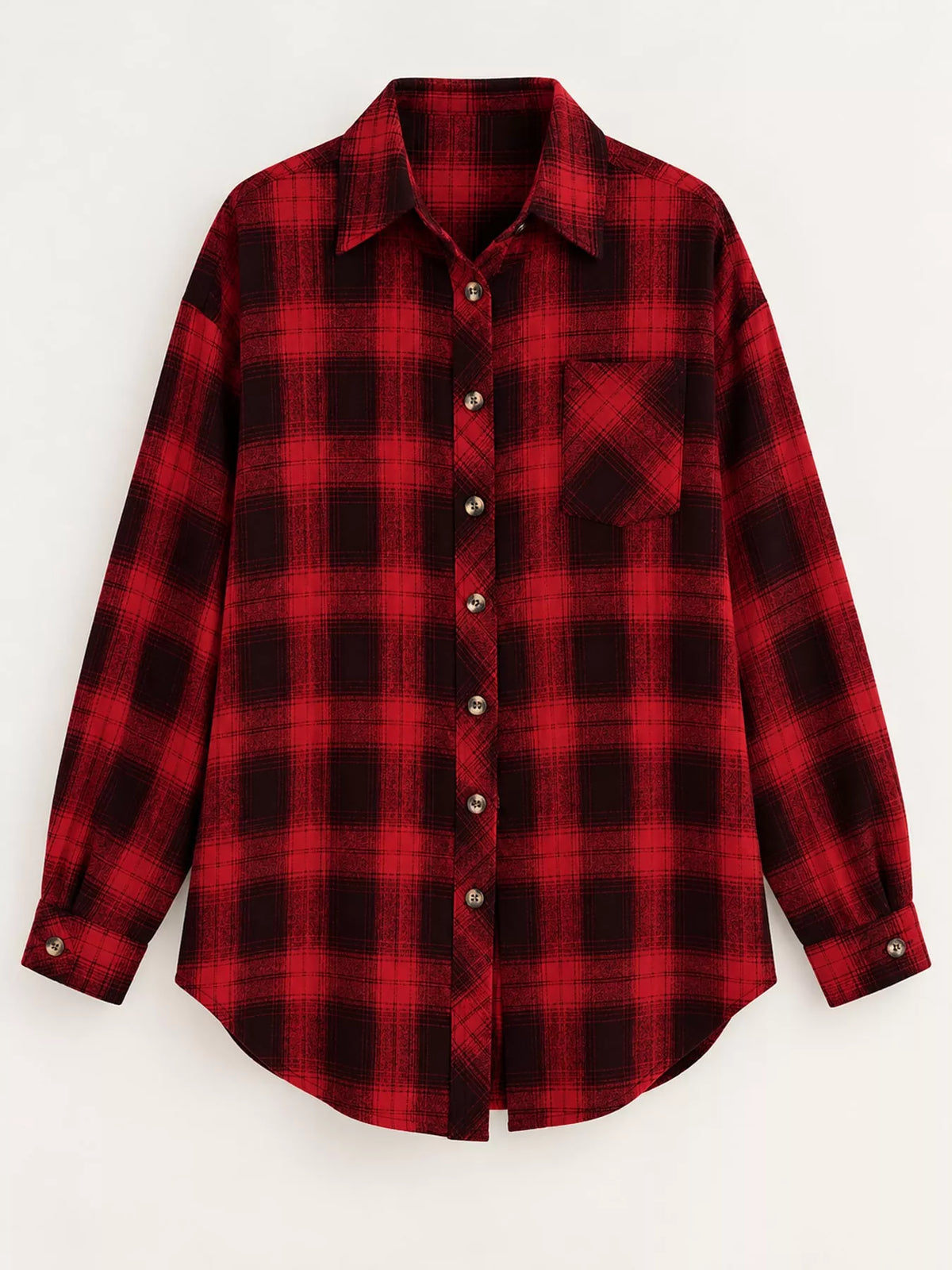 Oversized plaid shirt, red plaid flat front