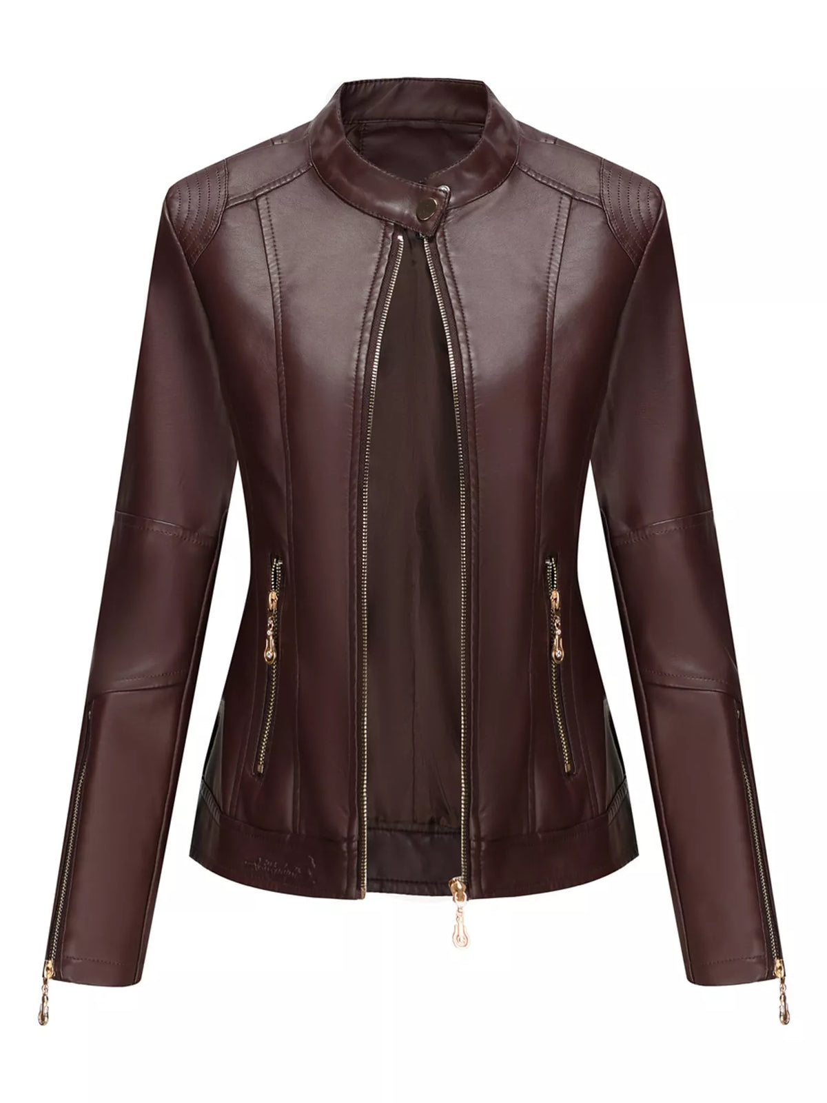 Slim Fit Faux Leather Moto Jacket — garment front