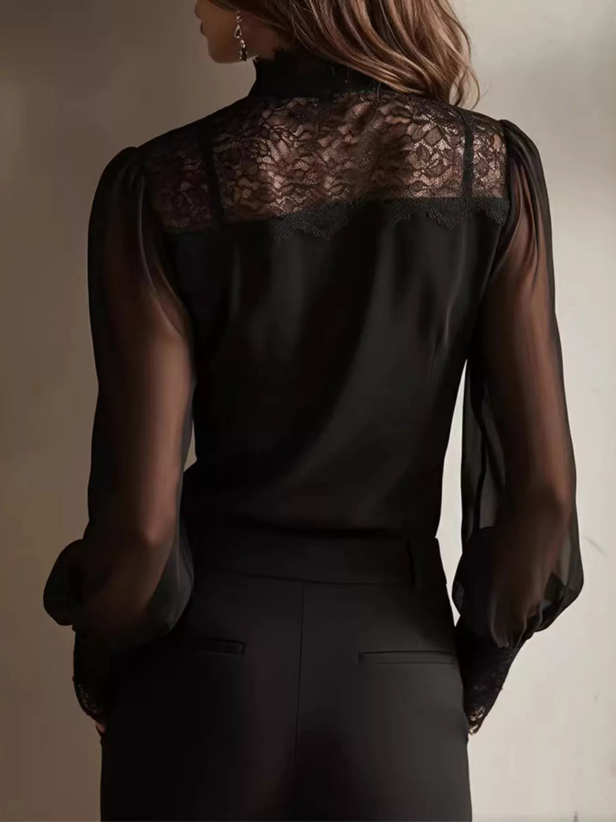 Black lace sheer long sleeve blouse, back view