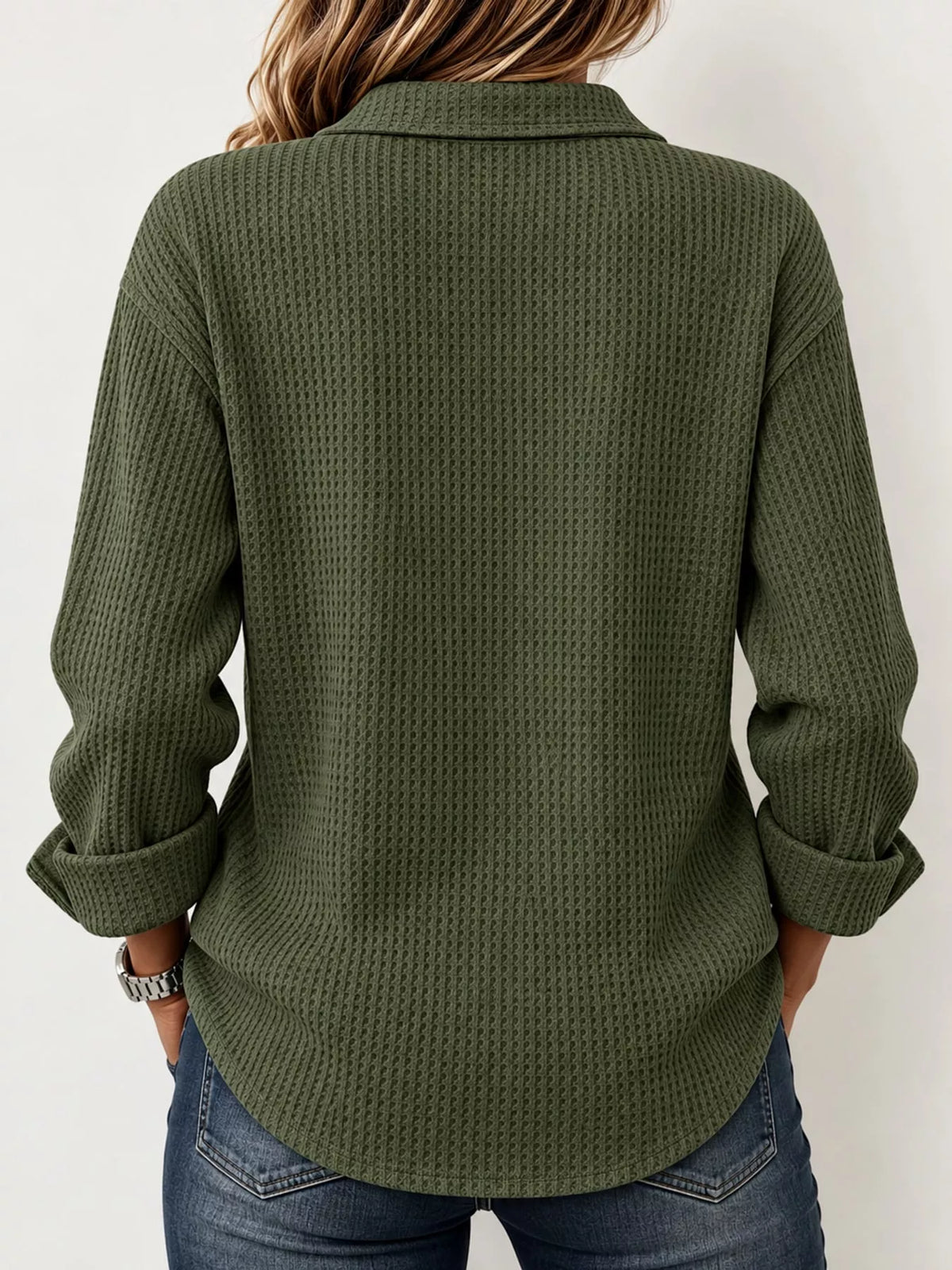 Green waffle knit long sleeve polo top, back view