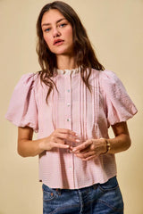 Trendsi SO ME Gingham Lace Trim Button Bubble Sleeves Blouse -