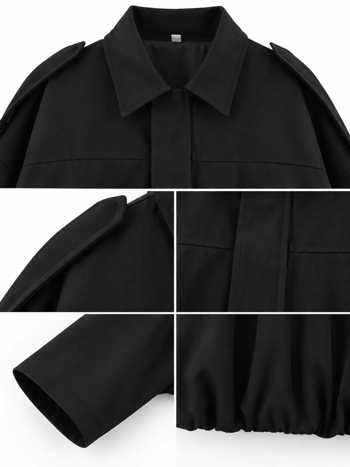 Black elastic hem batwing sleeve jacket, pointed collar, shoulder tabs, cuff, and gathered hem close-ups