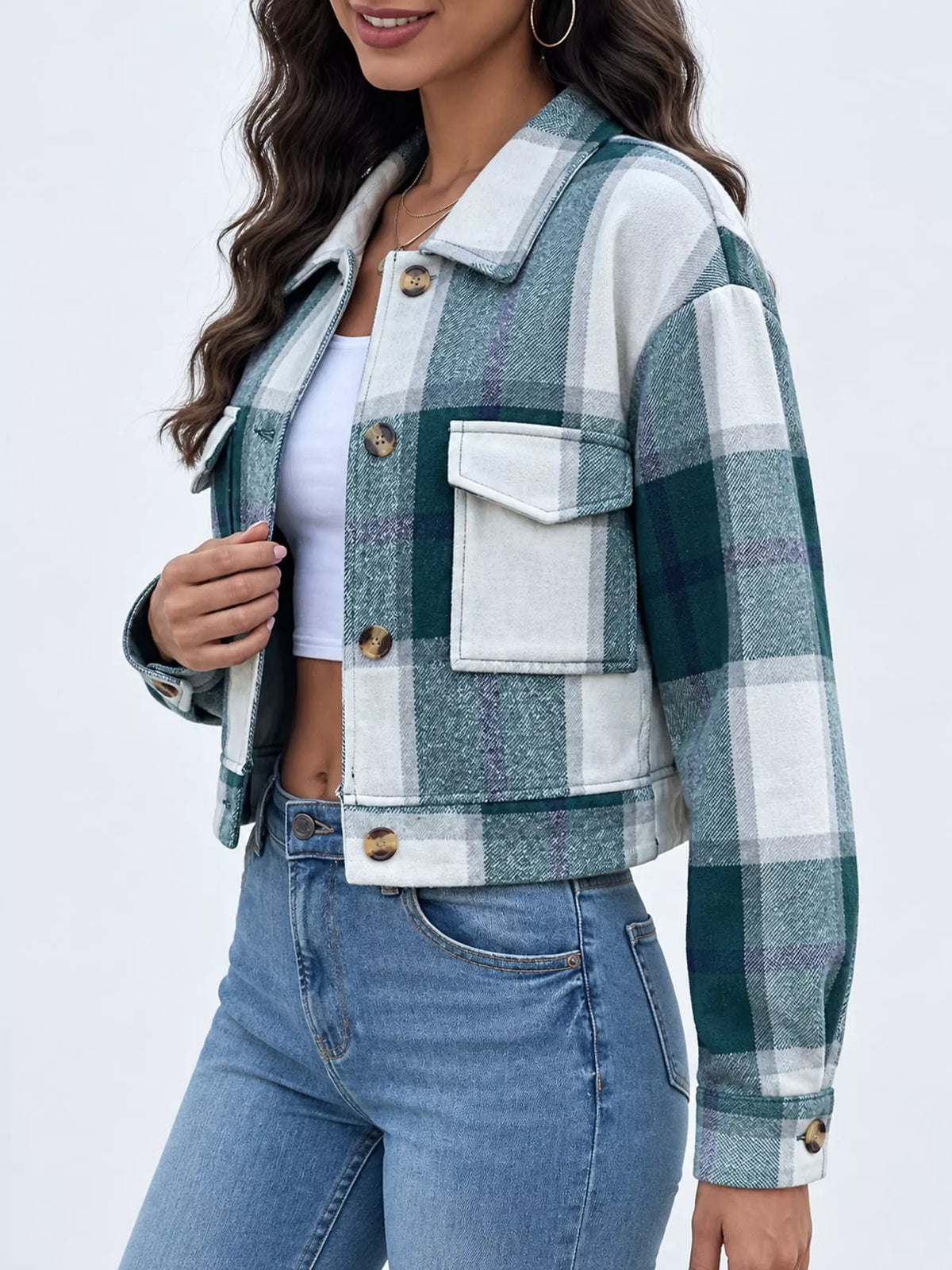 Plaid cropped jacket, green plaid side