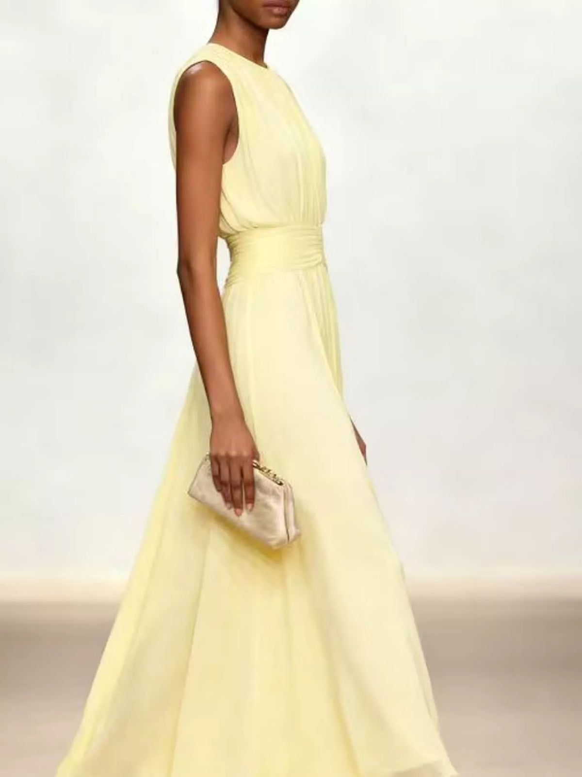 Yellow sleeveless ruched chiffon maxi dress, side view