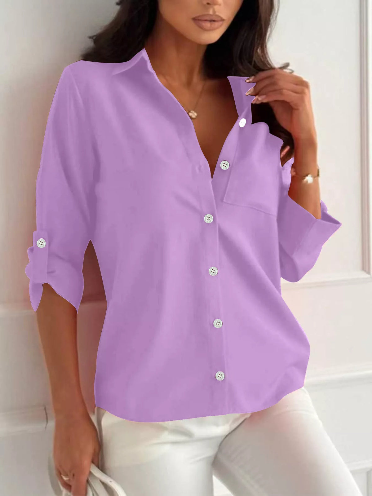 Trendsi Button-Down Roll-Up Sleeve Shirt -
