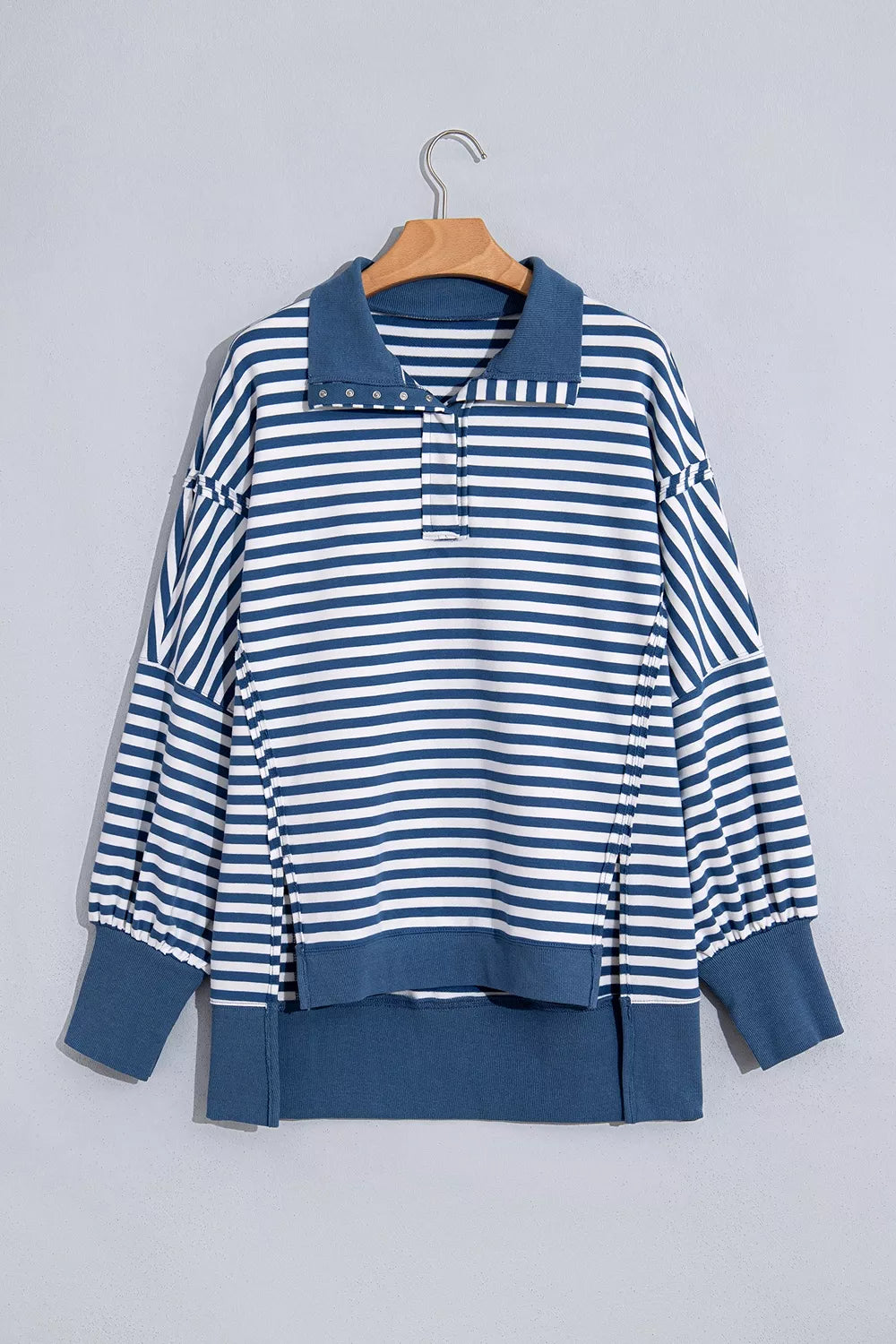 Trendsi Stripe Color Block Trim Raw Seam Split Hem Loose Sweatshirt -