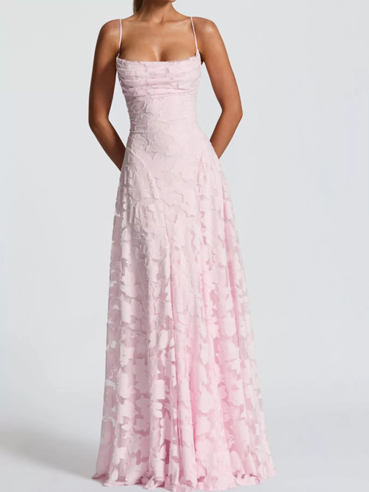 Cowl neck spaghetti-strap maxi dress, front view on model