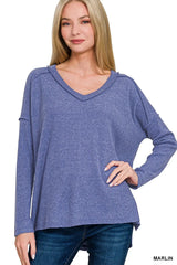 Trendsi Zenana Full Size Brushed Ribbed Hacci Drop Shoulder V-Neck Sweater Plus Size -