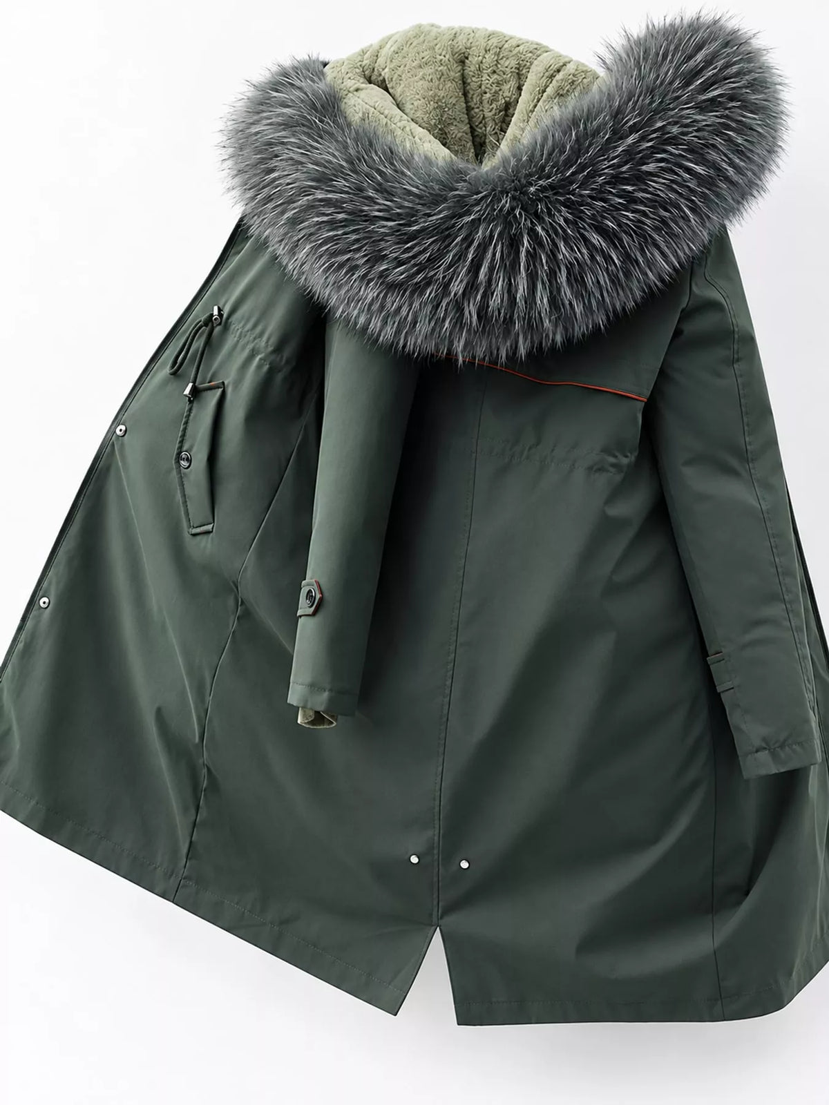 Faux-fur-trim parka, green hood back