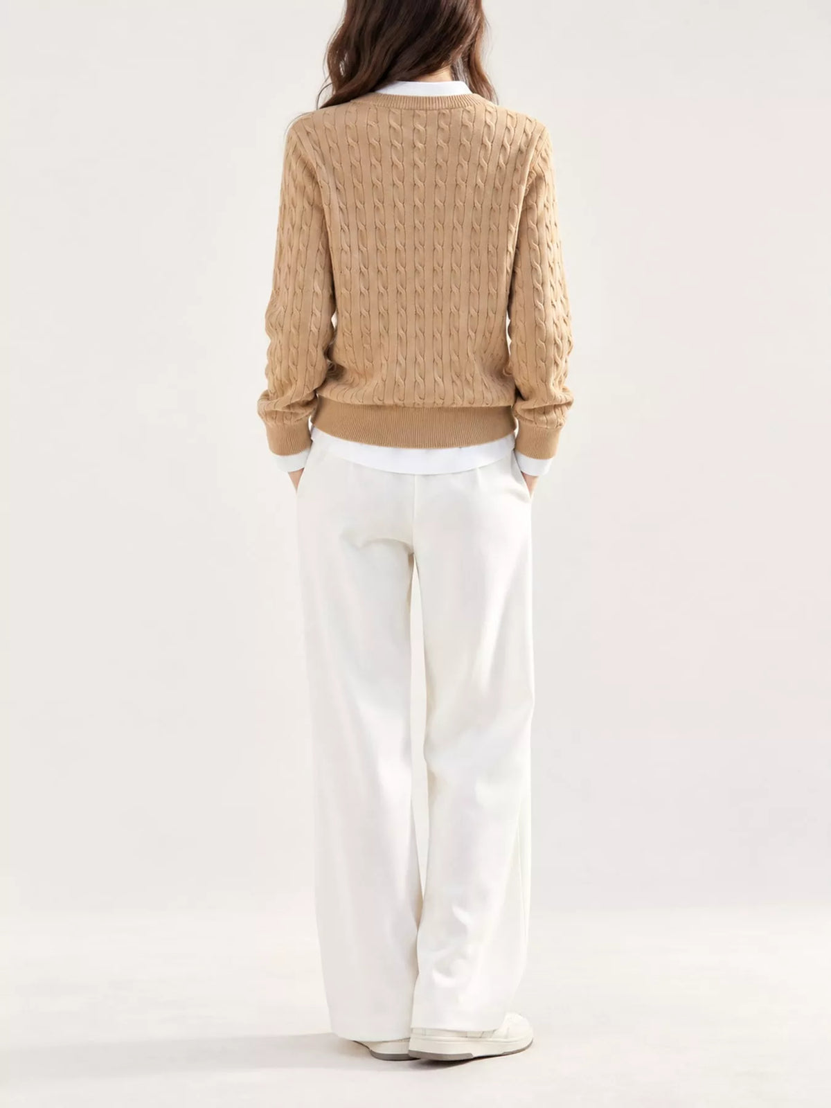 Camel cable-knit button-down cardigan, back view