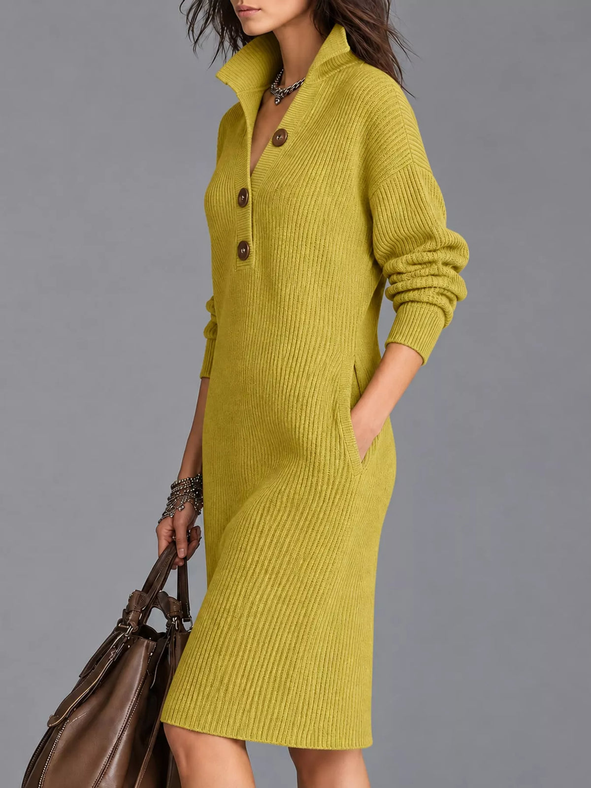 Collared long sleeve knee dress, side view