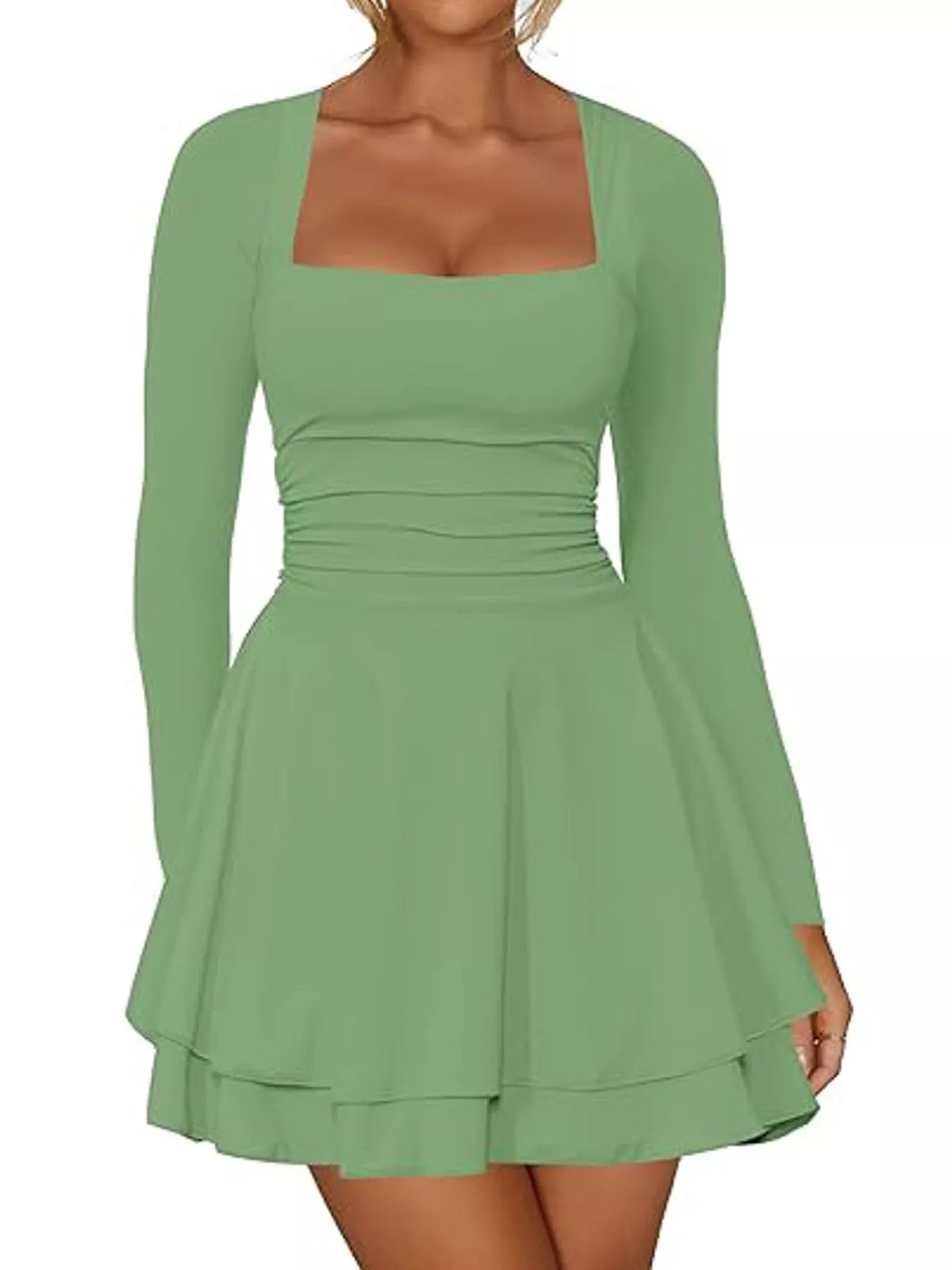 Square neck long sleeve mini dress, front view on model