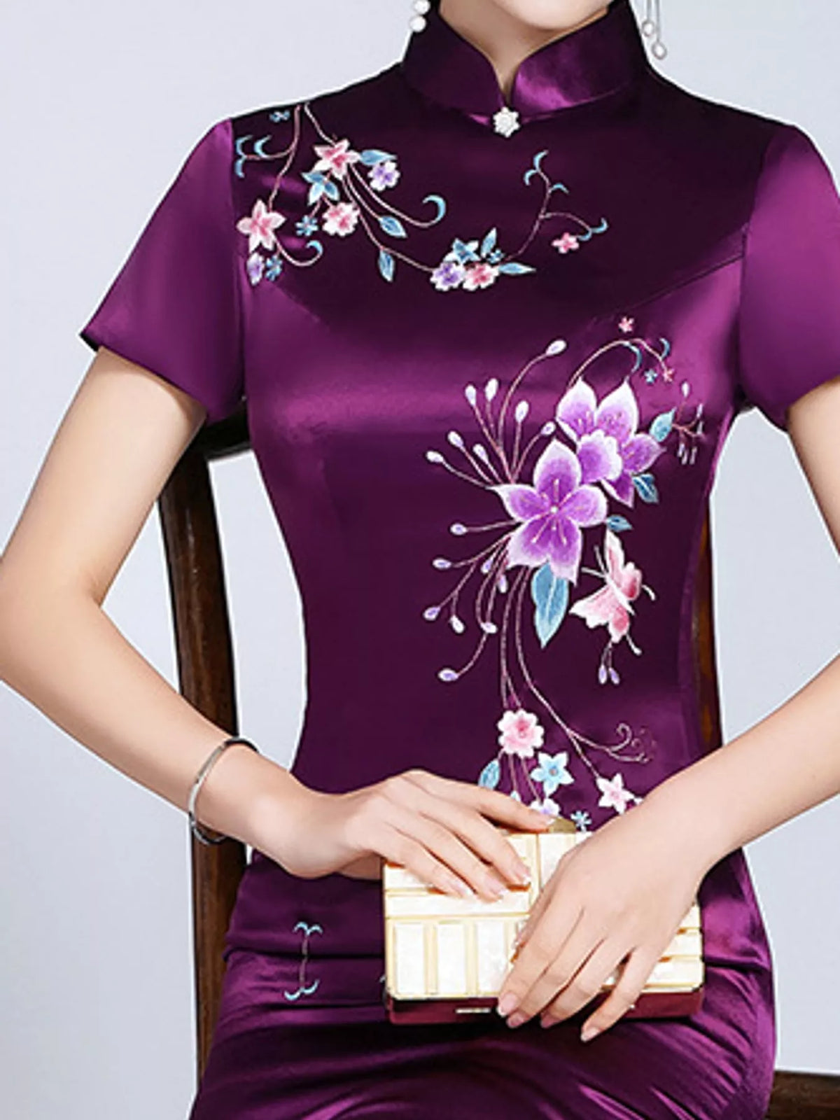 Purple - Short Sleeve floral embroidered cheongsam dress