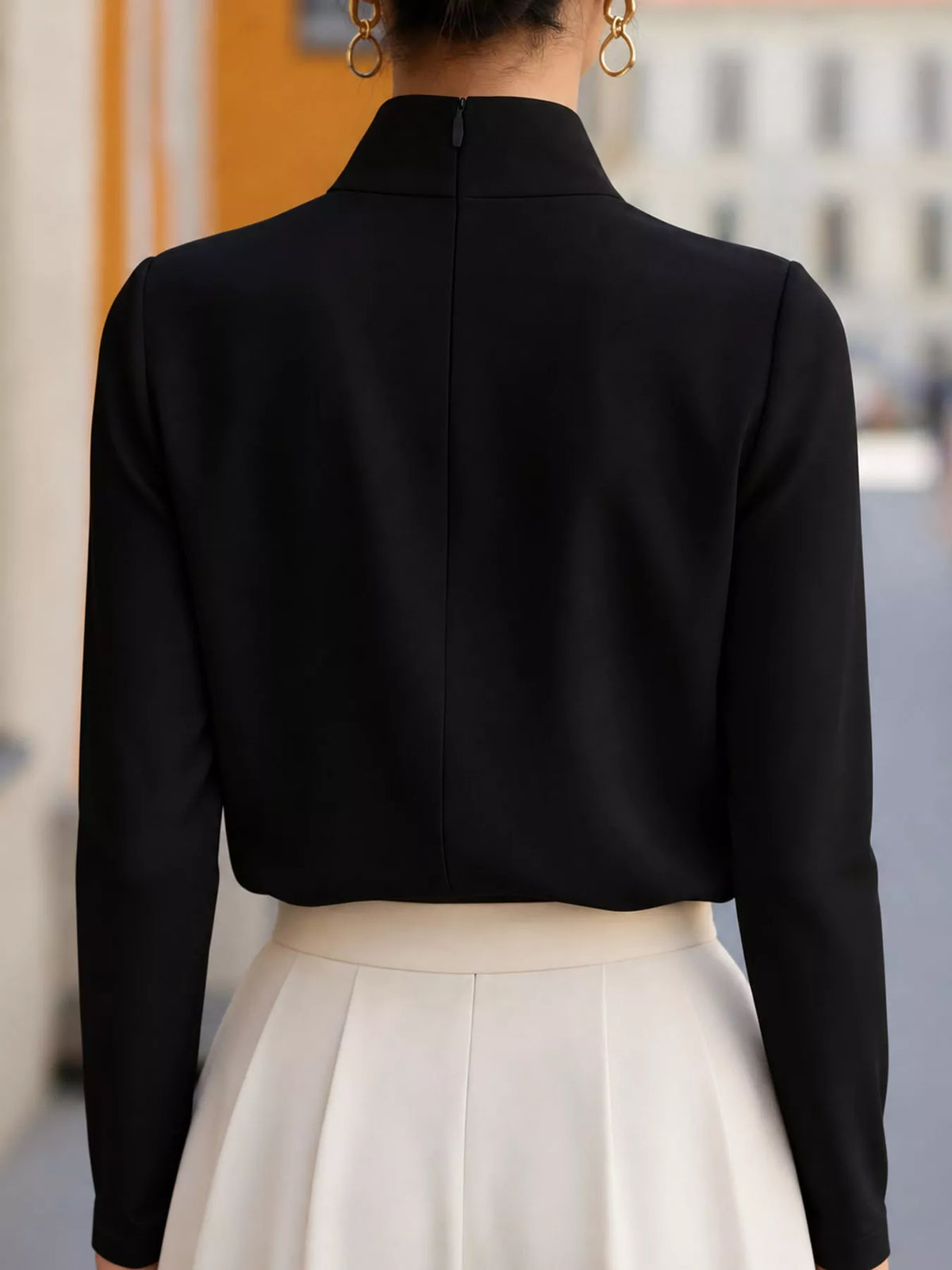 Mandarin neck long sleeve blouse, back view