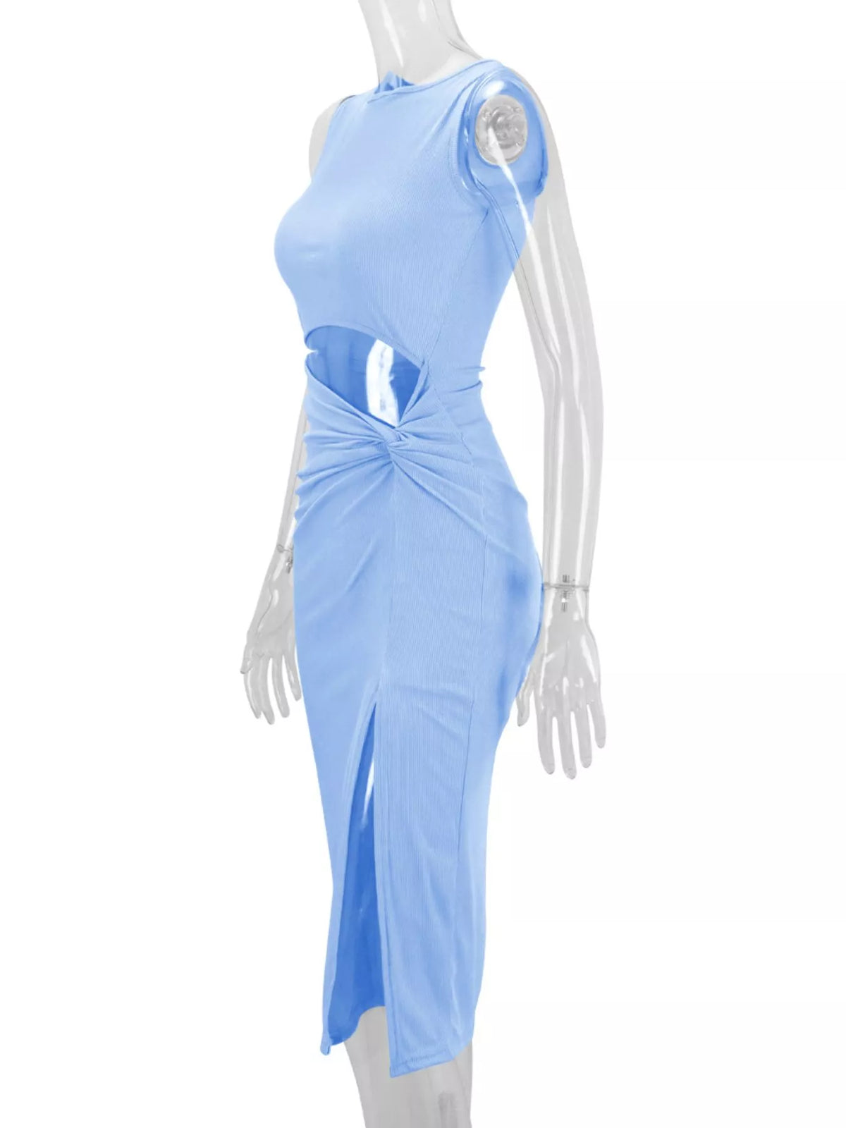 Women's Sleeveless Cut-Out Ruched High-Slit Bodycon Dress in light blue — mannequin side view