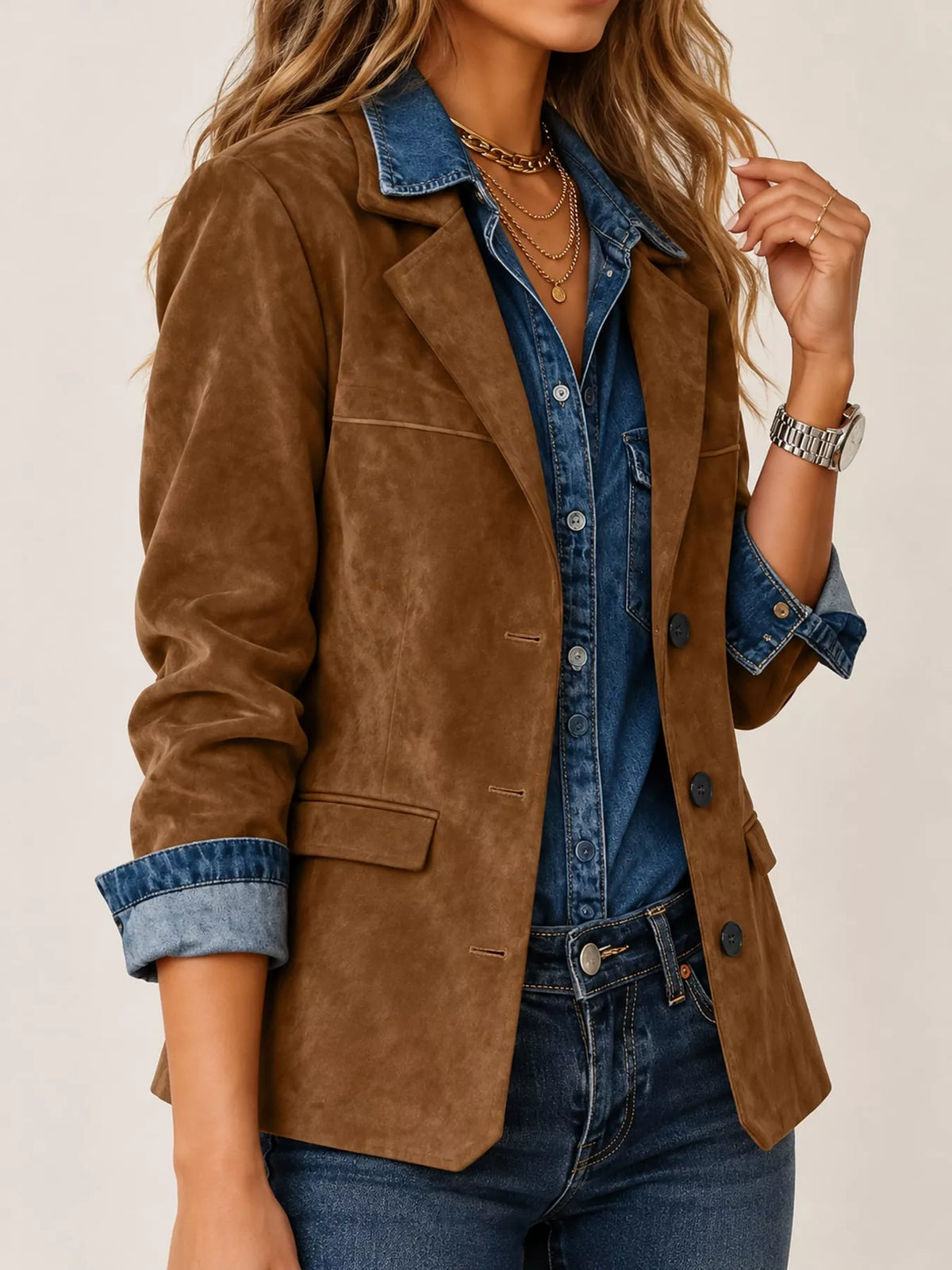 Brown lapel collar button-up blazer — front view