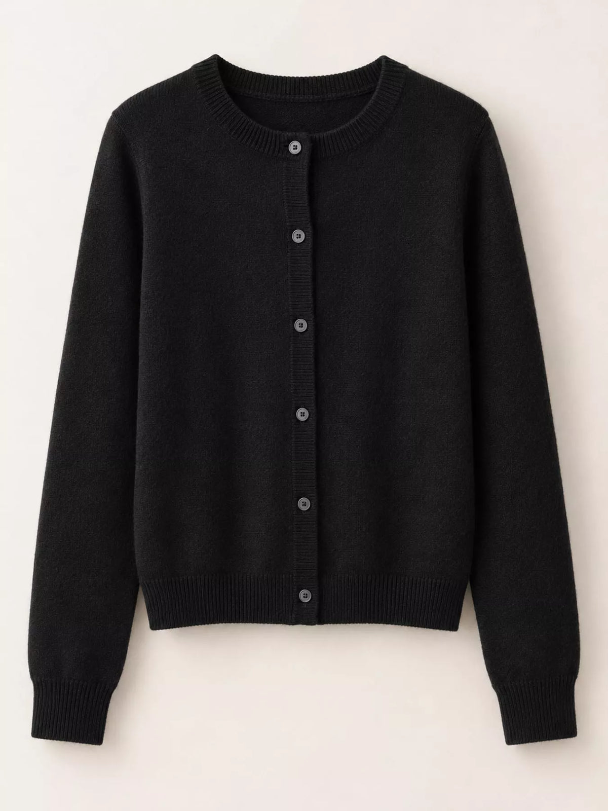 Women's Crew Neck Button-Down Knit Cardigan in black — flat lay view