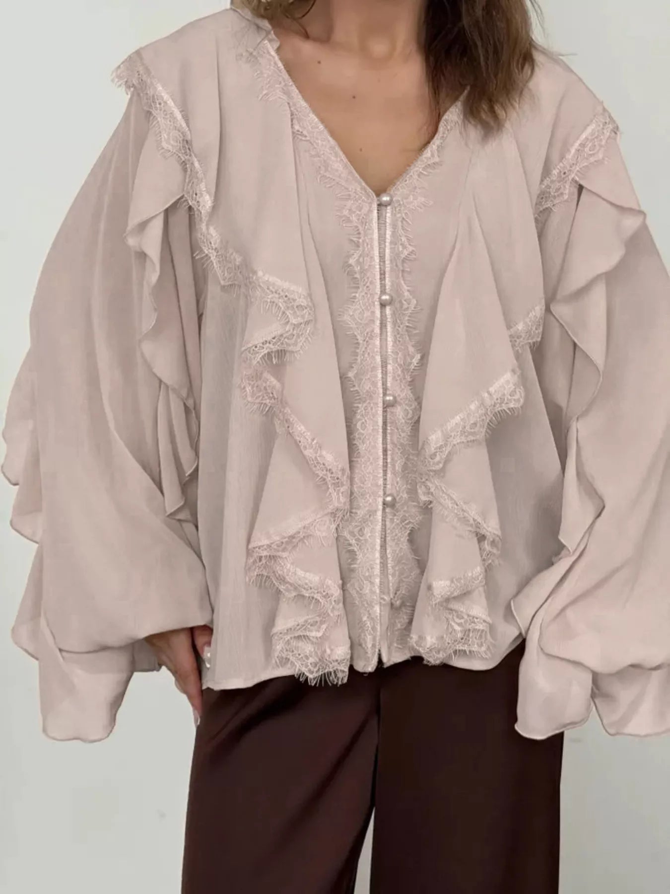 Trendsi V-Neck Ruffled Lace Trim Blouse -