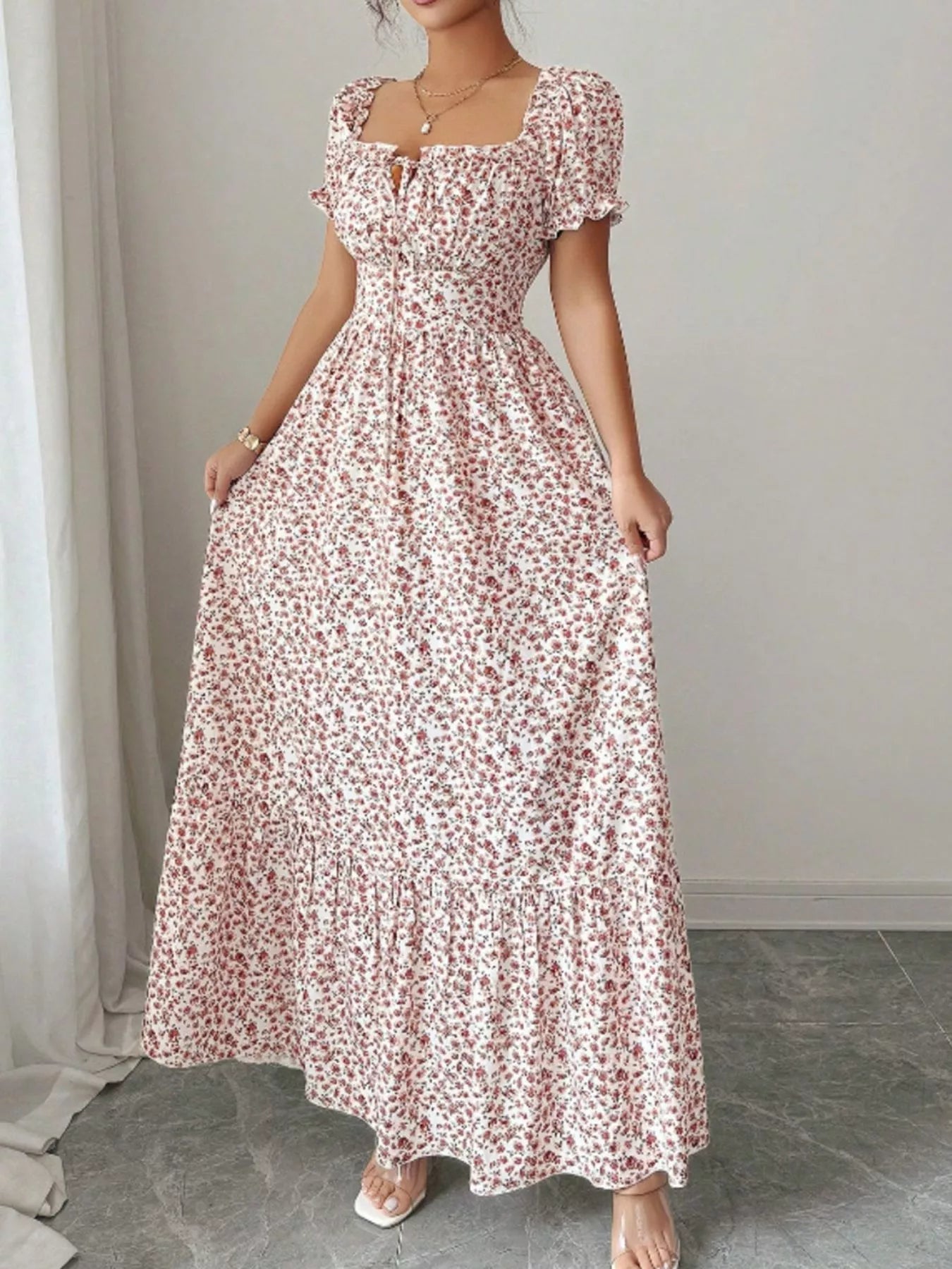 Trendsi Floral Print Puff Sleeve Maxi Dress -