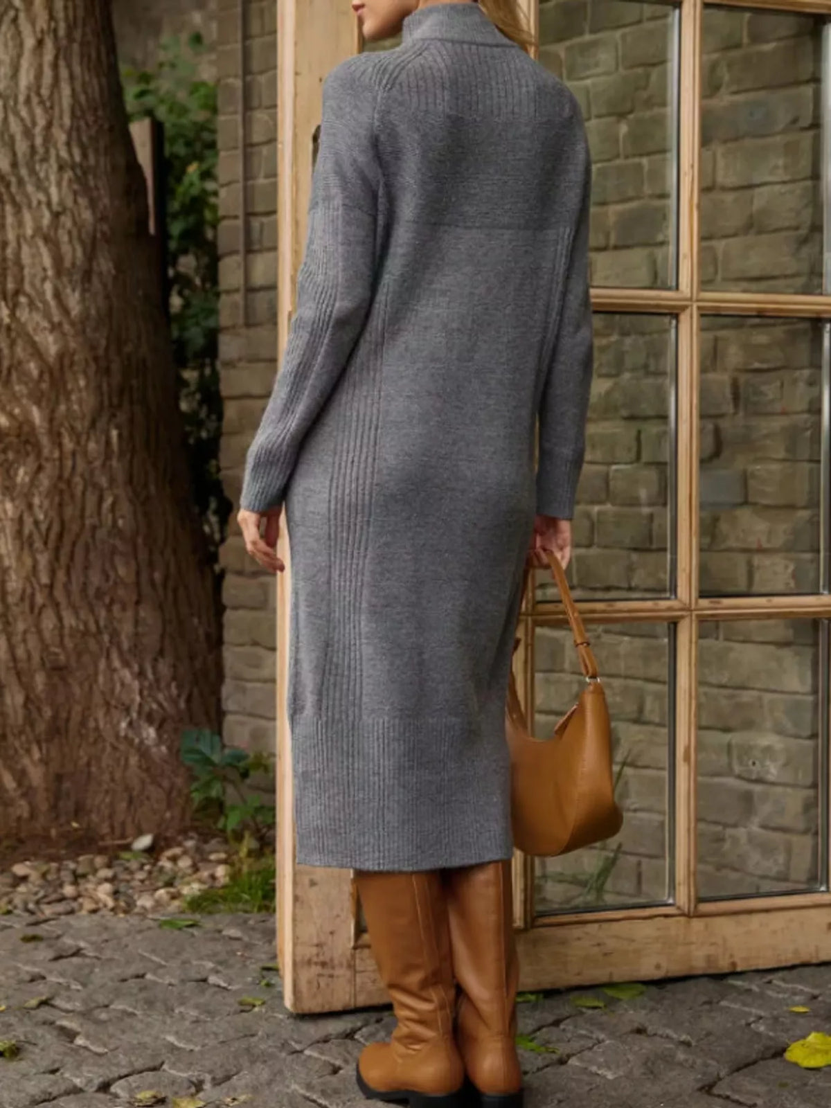 Gray half-zip ribbed knit sweater dress — back view