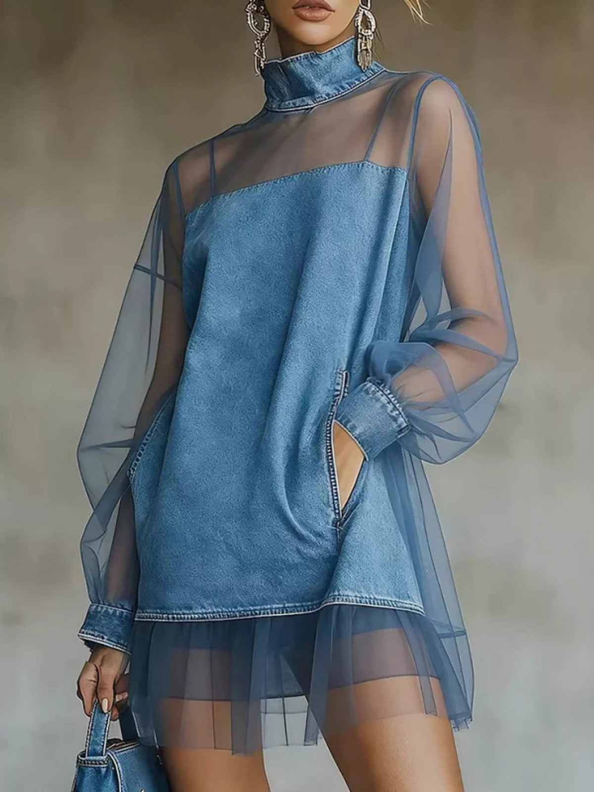 Women's Mock Neck Sheer Mesh Patchwork Denim Dress in blue — front view