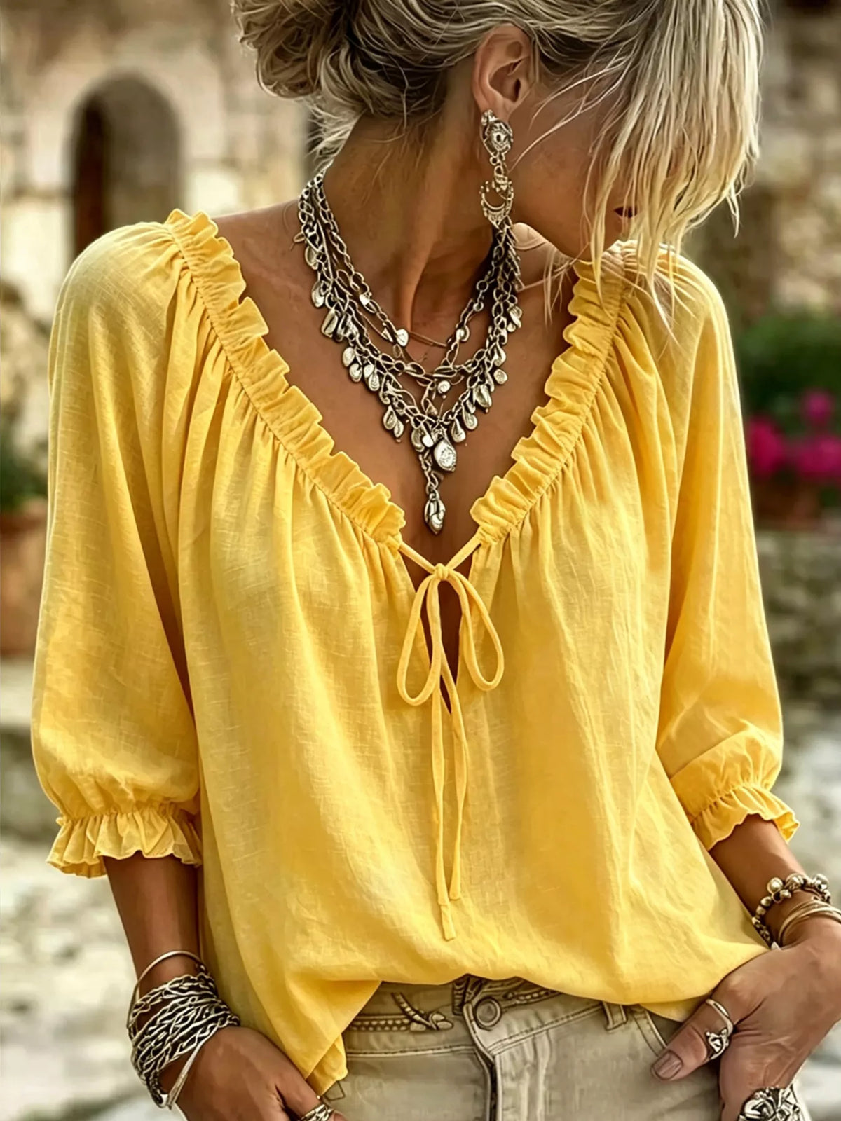 Trendsi Frill Tie Neck 3/4 Sleeve Blouse -