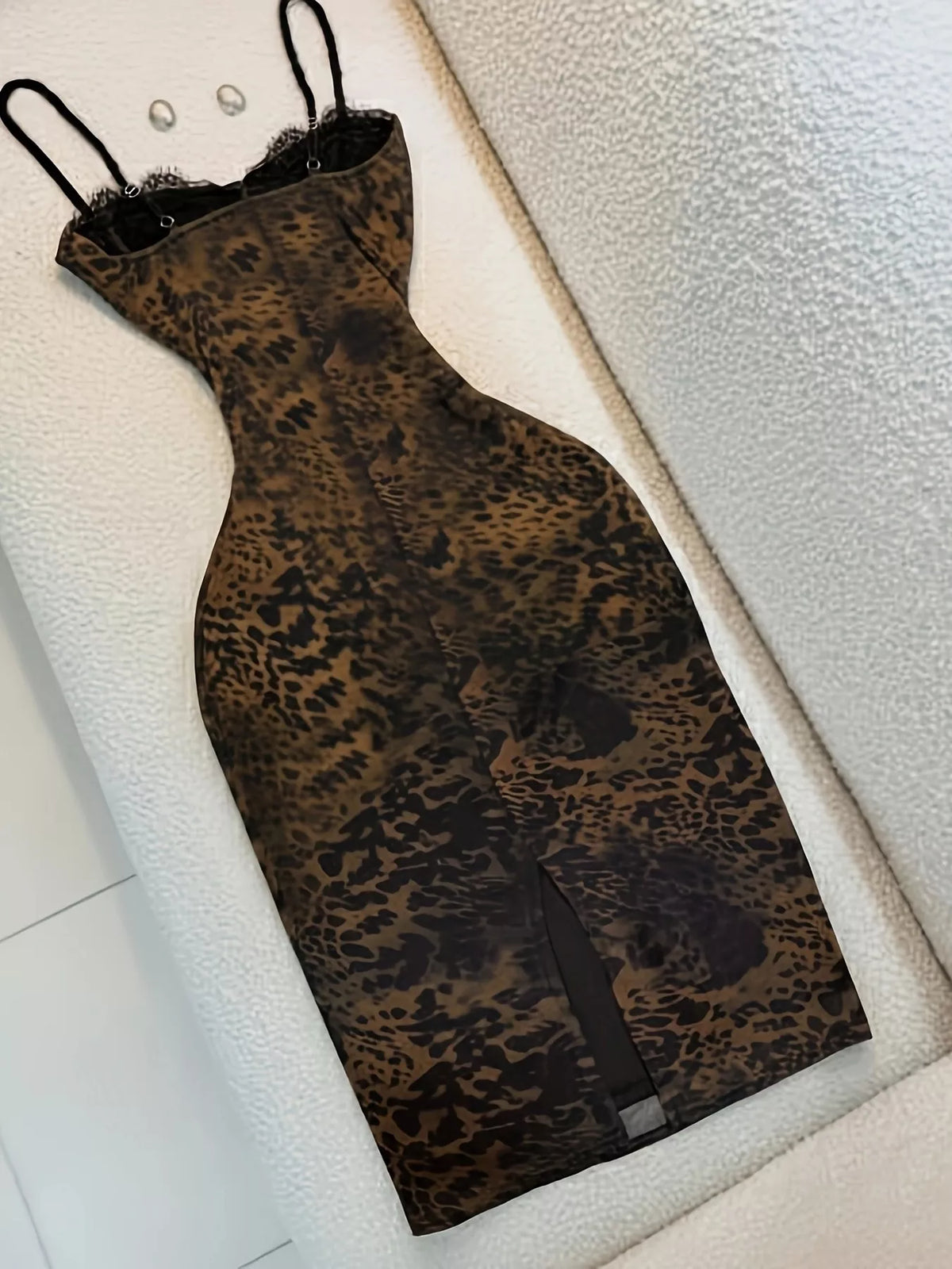 Trendsi Leopard Print Lace Trim Bodycon Midi Dress -