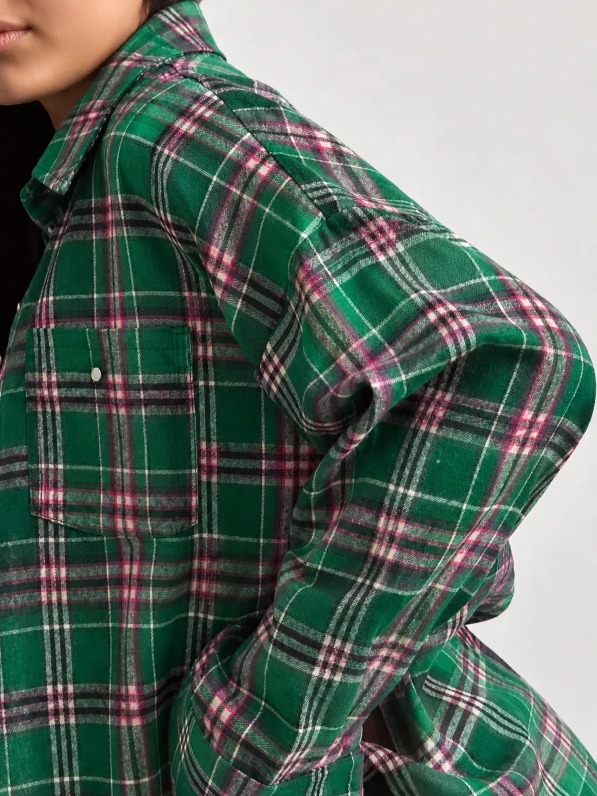 Ocean Green plaid button up shirt, detail view
