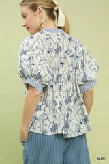 Trendsi Umgee Mixed Print Puff Sleeve Split Neck Top -
