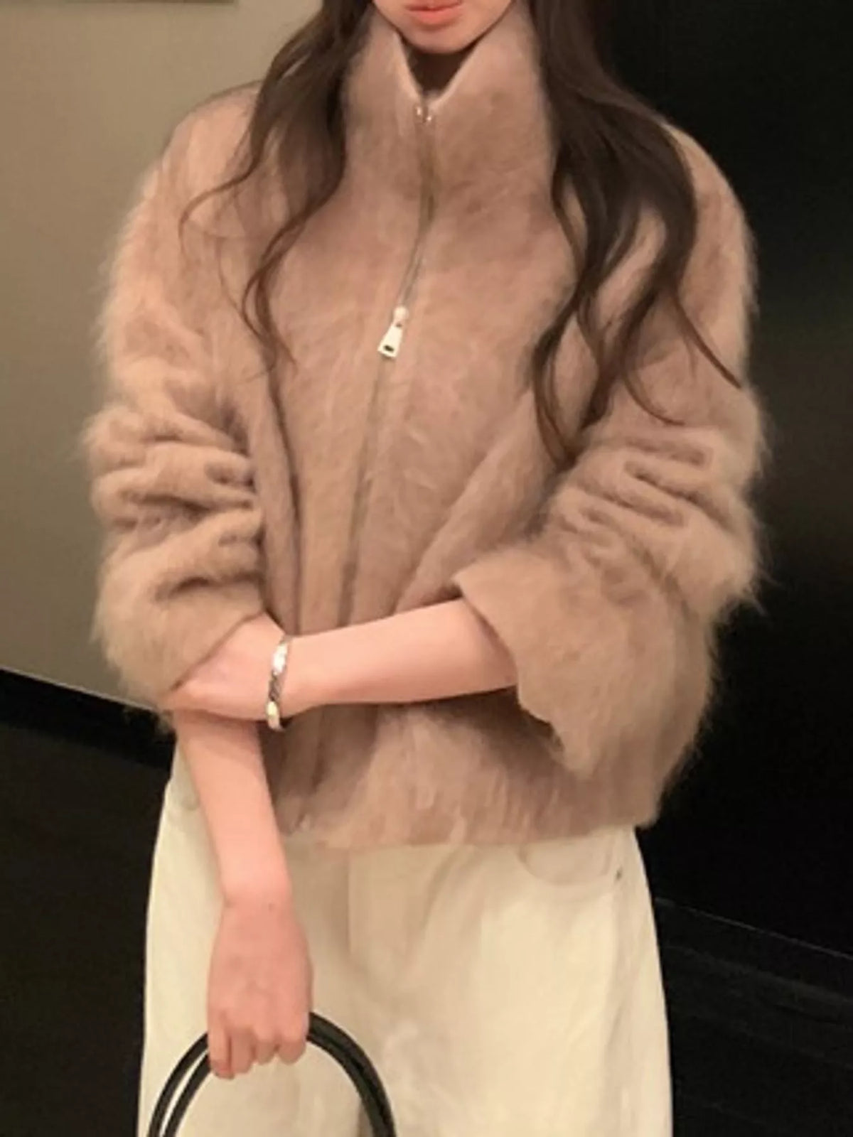 Fuzzy Zip-Up Stand Collar Jacket in camel
