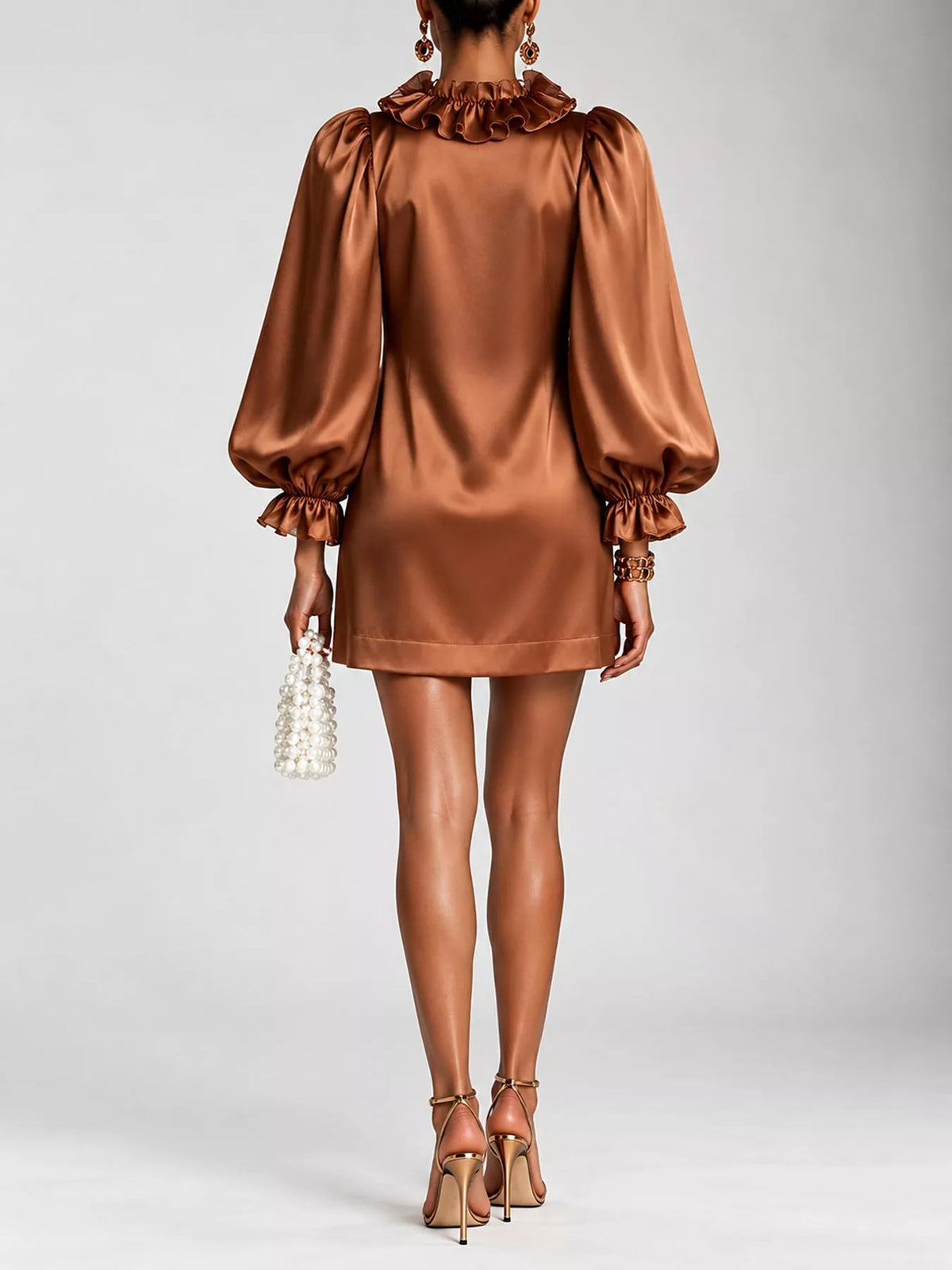 Ruffle Trim Puff Sleeve Mini Dress in caramel, back view