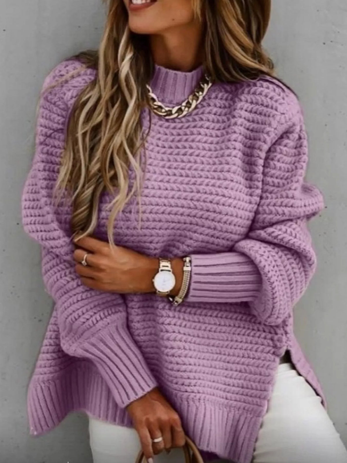 Round neck long sleeve sweater, front view on model